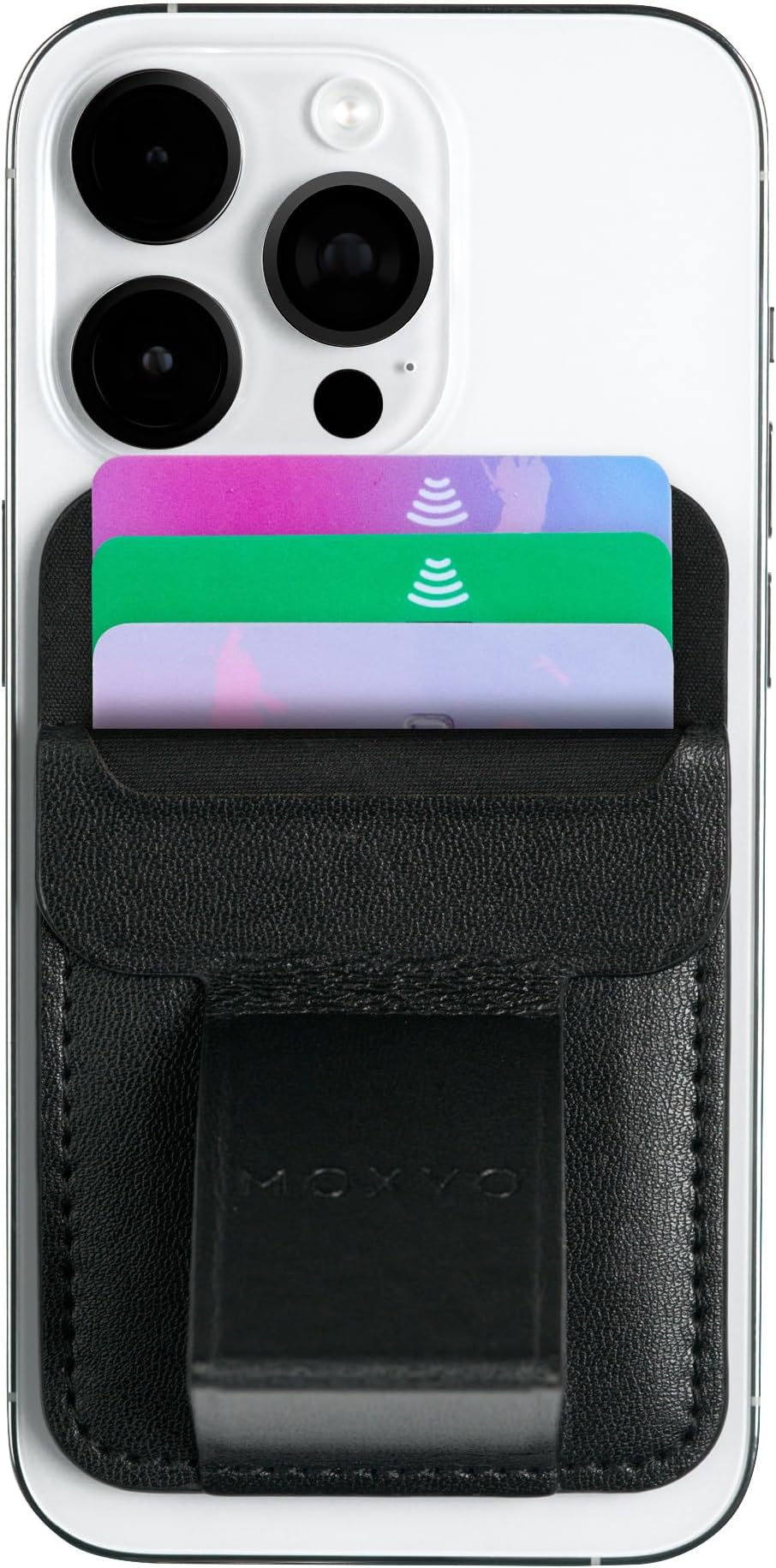 Moxyo Magnetic Card Wallet with MagSafe for iPhone, Adjustable Stand with Finger loop, 3-Card Holder - Black