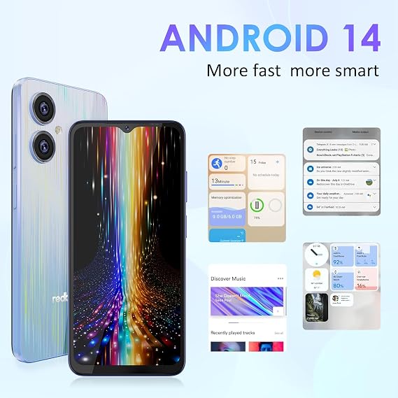 Redbeat D5 Unlocked Android 14 Cell Phones 8-core 1.6GHz Processor 6.52 Inch IPS, 5000mAh, 6GB RAM 64GB ROM Expandable 1TB, 13MP + 5MP Camera, Dual 4G SIM Slots, GPS, Type-C, WiFi, Bluetooth 5.0,Black