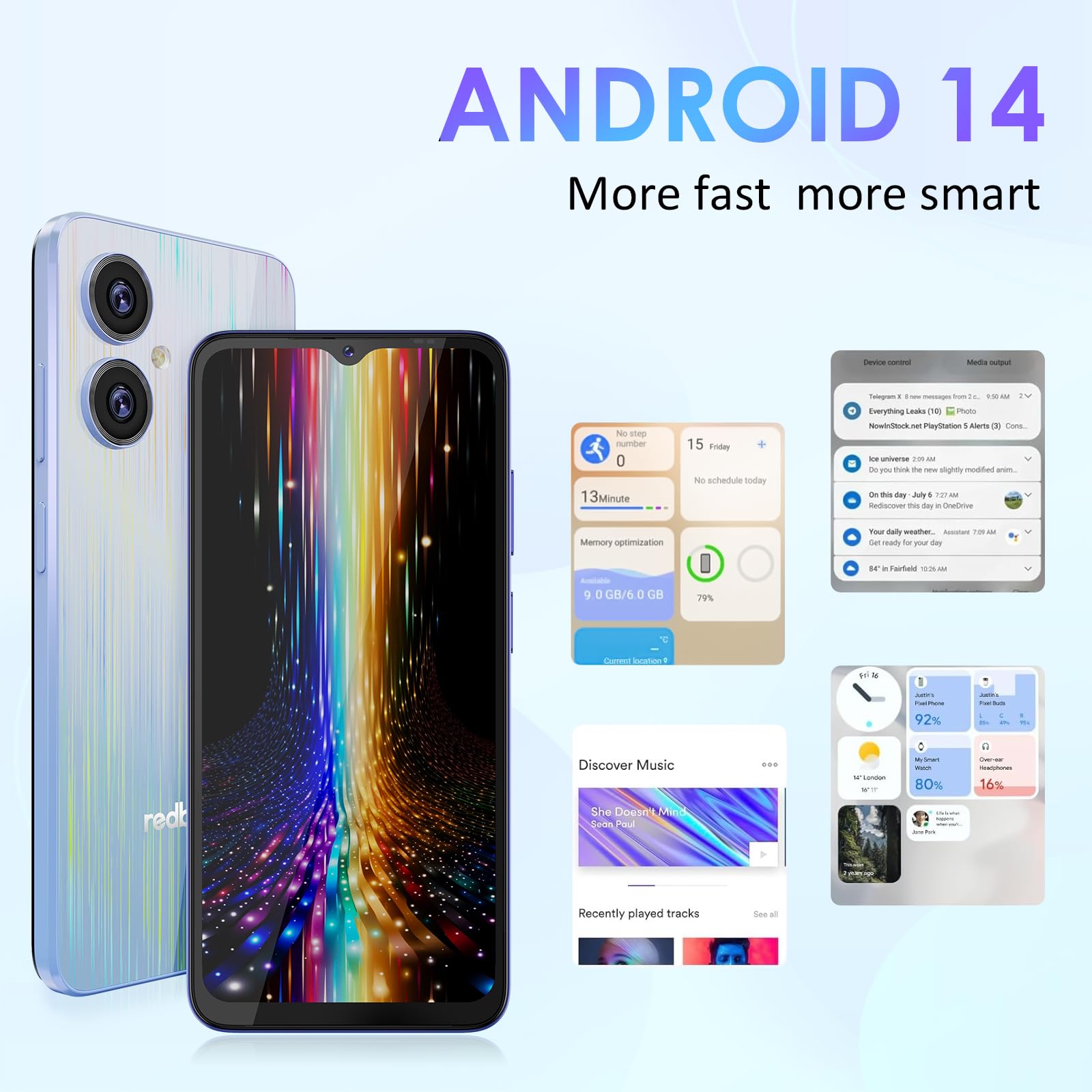 Smartphone Android 14 débloqué,Téléphone Portable écran HD de 6,52 pouces | 6 Go de RAM, 128 Go extensibles | Appareil photo 13 Mpx + 5 Mpx | Batterie 5000 mAh | Double SIM 4G | Android 14 | Bleu