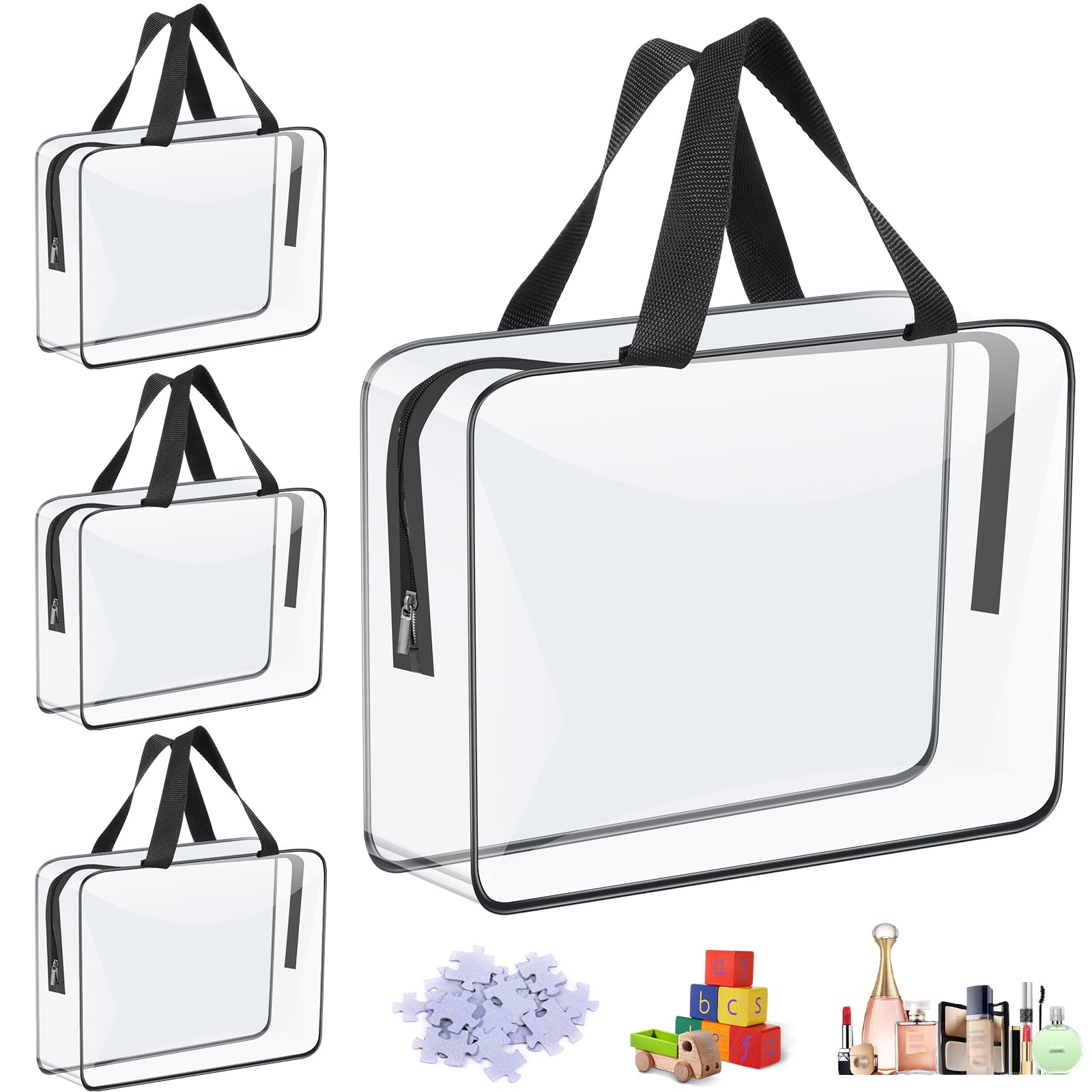 4 Packs Large Toy Storage Bags, Clear PVC Organizing Bags with Zipper, Portable Handheld Toy Storage Organizer, Waterproof Toy Bags for Building Blocks Board Games Toys Cosmetic
