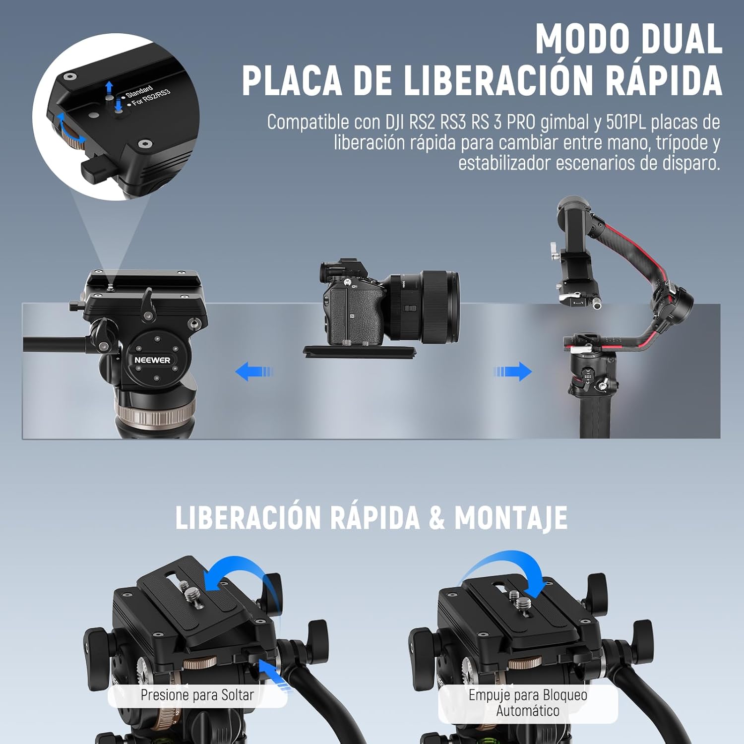 NEEWER Video Tripod Fluid Head w/ 6 Level Dynamic Counterbalance, 4 Level Pan/Tilt Damping, Handle, φ75mm Base, Metal Heavy Duty QR Plate Compatible with DJI RS Gimbals, Max Load 18lb, TH45