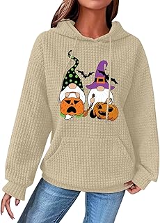 Women Halloween Sweatshirts Witch Pumpkin Print Hoodie Sweatshirt Women Waffle Long Sleeve Sweatshirts Ladies Fall Winter Drawstring Hoodies Sweatshirt Basic Loose Fit Waffle Hoodie Sweatshirt