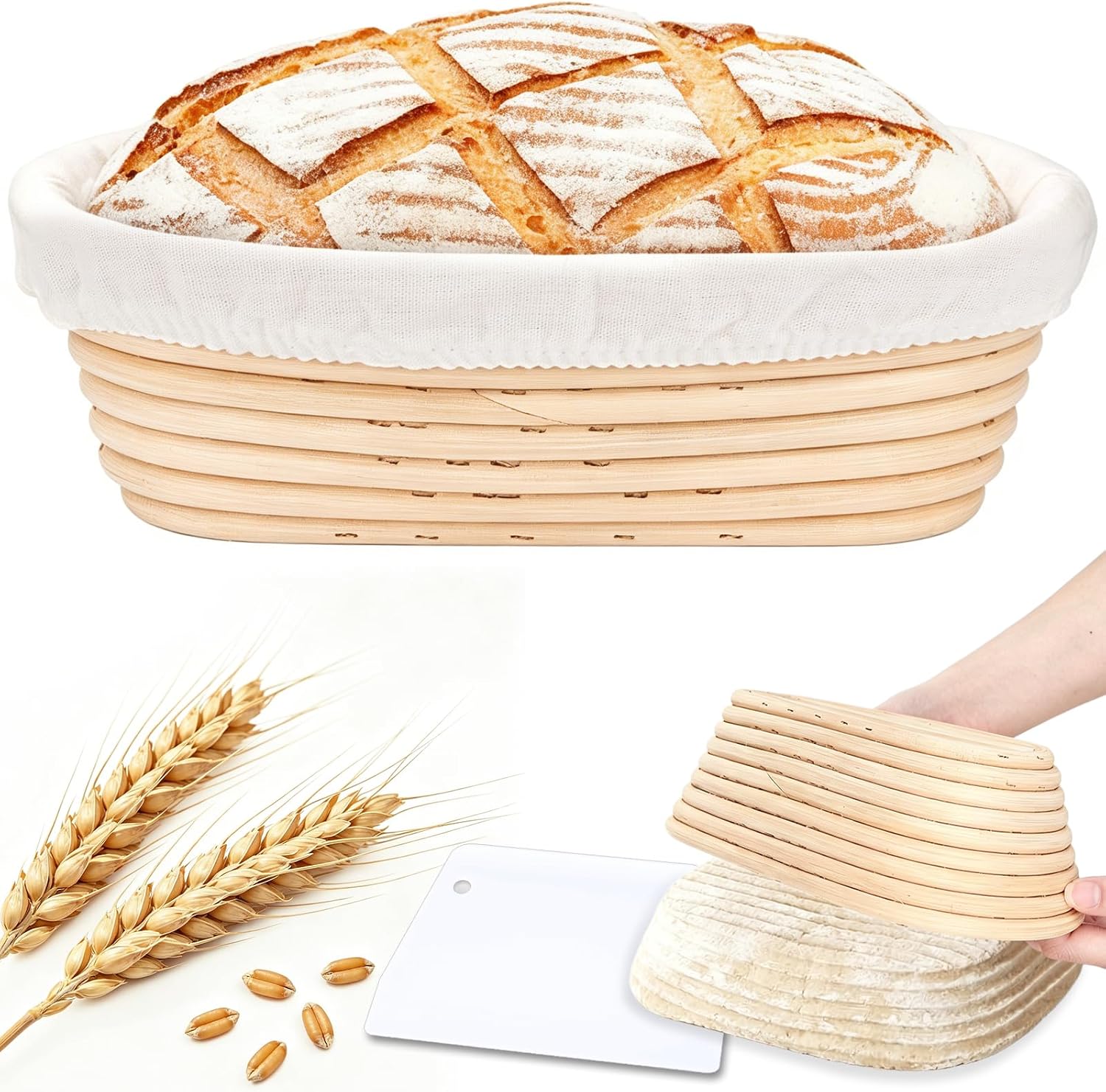 Cestino Lievitazione Pane Ovale 25x15x8 cm, Set Panificazione Pane in Rattan Naturale con Tessuto in Lino e Raschietto, Cestini Fermentazione Pane per Pasta Madre