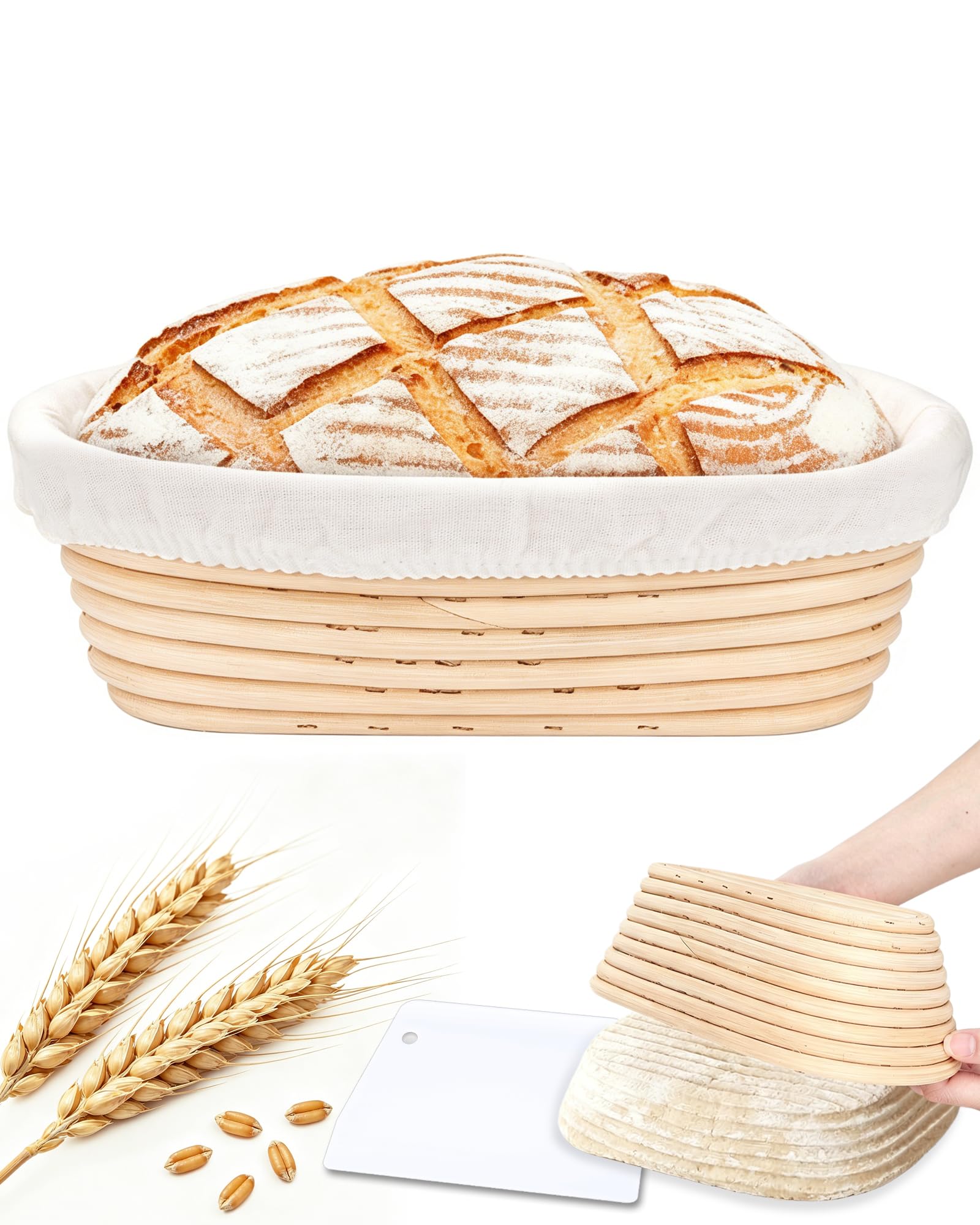 Acual Bread Proofing Basket with Linen Lining & Scraper, 10" banneton basket Oval, Natural Rattan Sourdough for Artisan Bread Baking, Dough Rising, and Sourdough