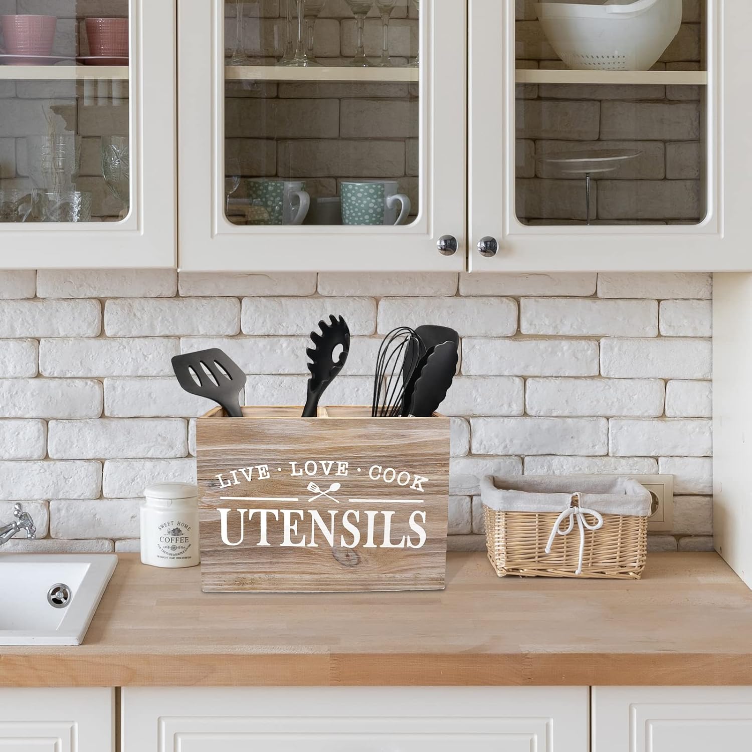Karisky Kitchen Utensil Holder with Removable Bottom Large 2 Compartments Utensil Organizer Farmhouse Utensil Caddy for Countertop Decor 24 x 12 x 17 cm - Image 4