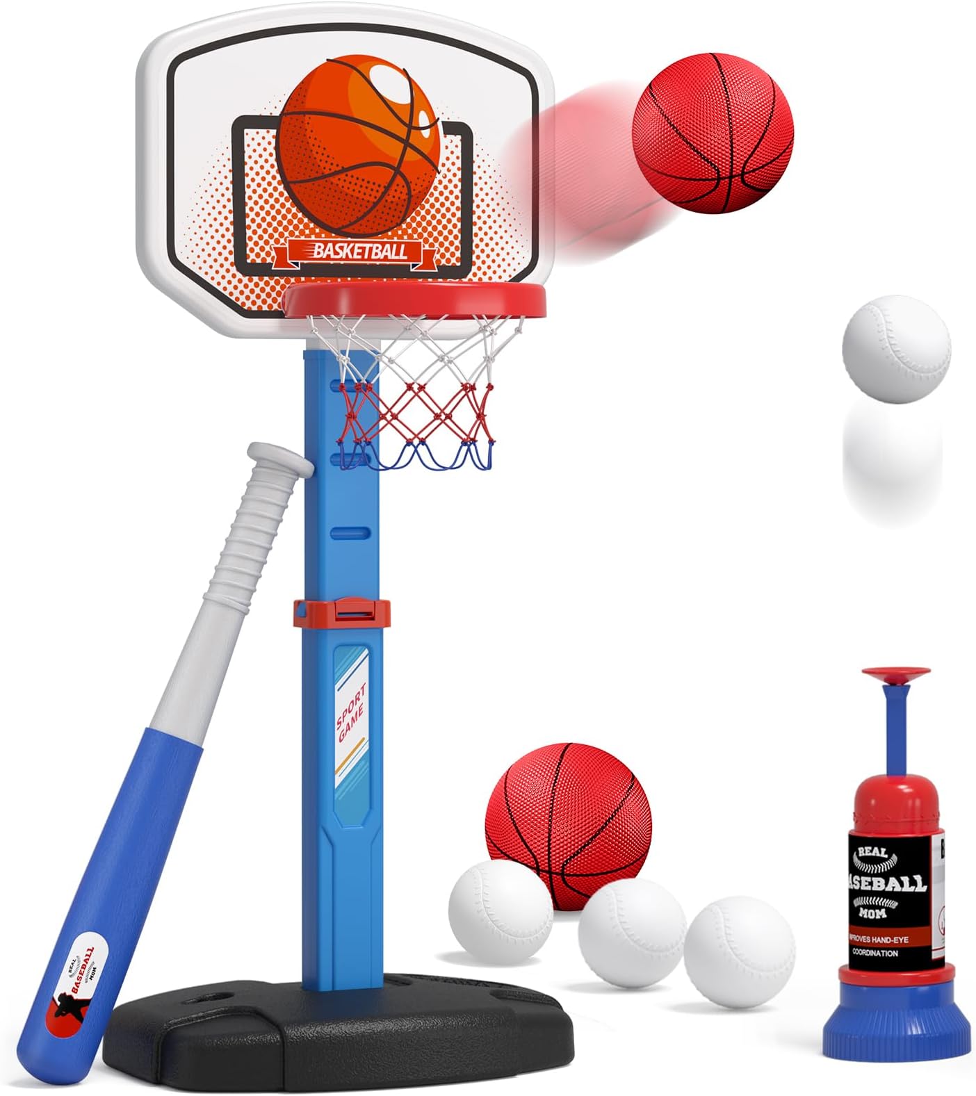 HYES 2 in 1 Kids Basketball Hoop and T Ball Set - Adjustable Height, Kids Baseball Tee with Automatic Pitching Machine, Indoor Outdoor Sport Toys Gifts for Toddler Boys Girls Age 1-5, Blue