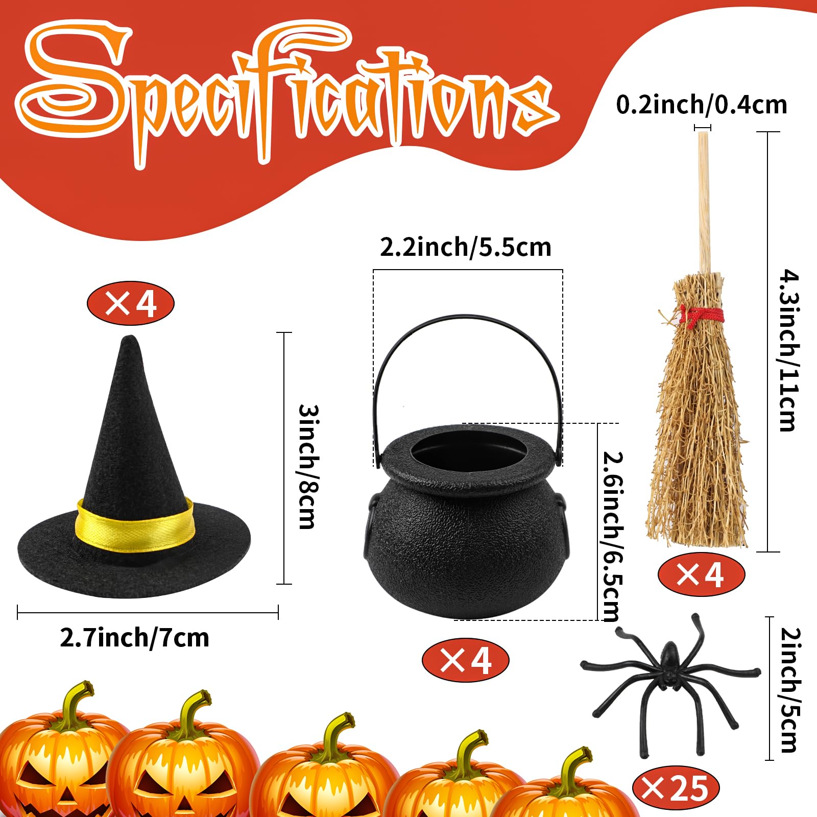 FOIMAS 37pcs Mini Witch Hats Black Candy Cauldron and Witch Brooms for Halloween Dollhouse Craft Accessories Table Decoration Supply