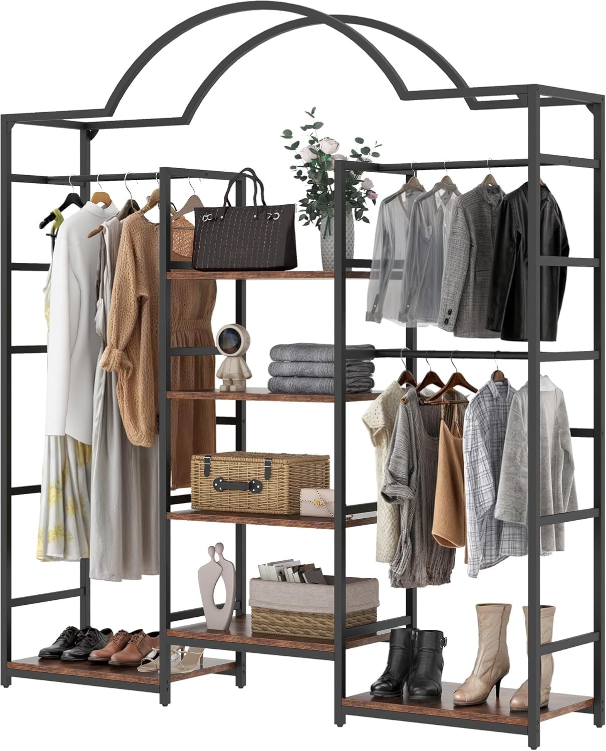 YITAHOME Arched Clothes Rack Organizer, Heavy-Duty Closet System with 6 Shelves and 3 Hanging Rods, Clothing Organizer System for Bedrooms, Dorms, and Apartments, Vintage Black