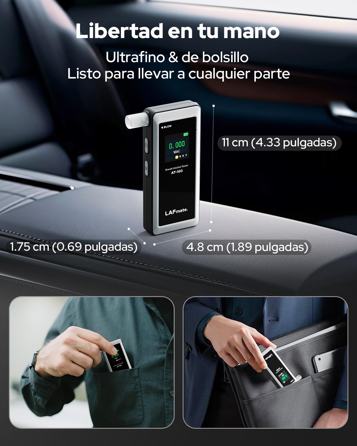 Alcoholímetro AT-160, Alcoholímetro de Alta Precisión con Umbral de Alarma Ajustable, Pantalla LCD, Memoria de Pruebas y 10 Boquillas Incluidas – Ideal para Uso Doméstico