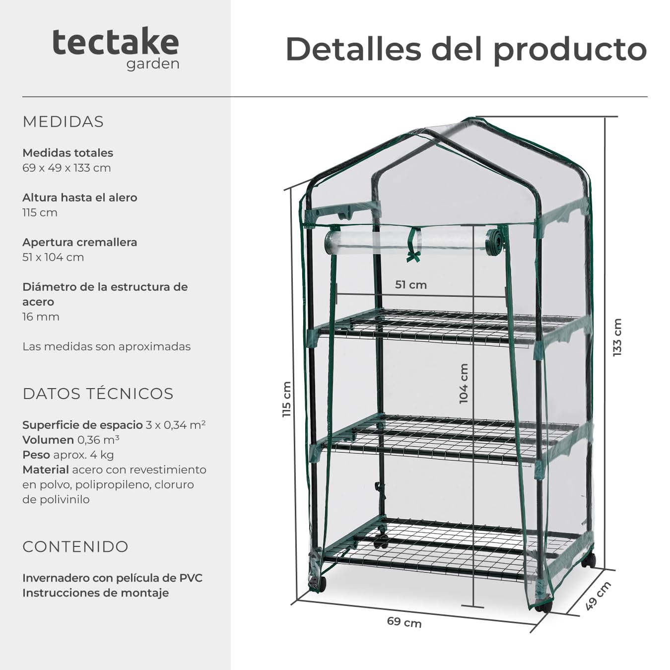 tectake® Invernadero Exterior en Acero con 3 Baldas de Rejilla y Protección UVA, Invernadero Terraza 69x49x133cm, Caseta Jardin Exterior con Ruedas y Cierre de Cremallera, Ideal para Huerto y Jardín