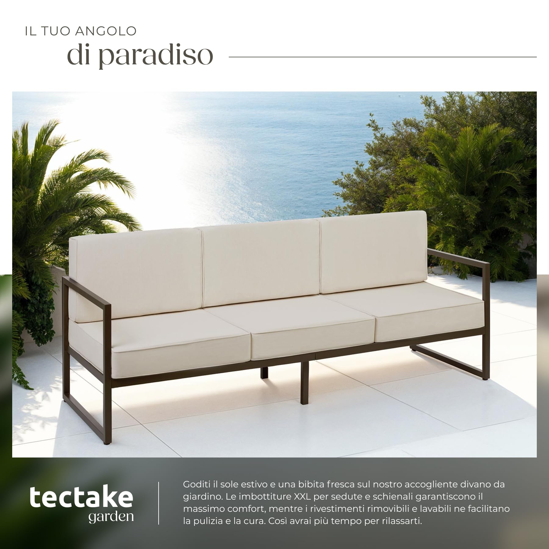 Tectake Divano da Giardino Comosa 3 Posti Imbottitura XXL Acciaio Verniciato