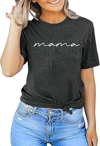 Miniatura 2 de ASTANFY Mama Shirts Women Mama Letter Printed T-Shirt Mama Graphic Tee Casual Short Sleeve Tops Tee