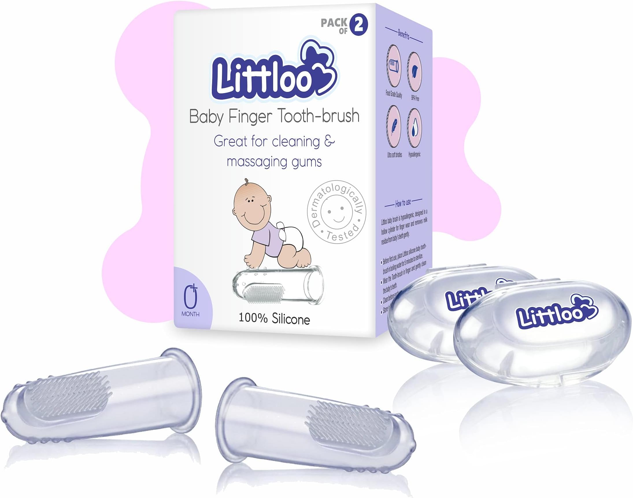 Littloo Baby Finger Toothbrush – 100% Silicone Infant Finger Brush for Cleaning & Massaging Gums – BPA Free – Pack of 2 with Storage Case