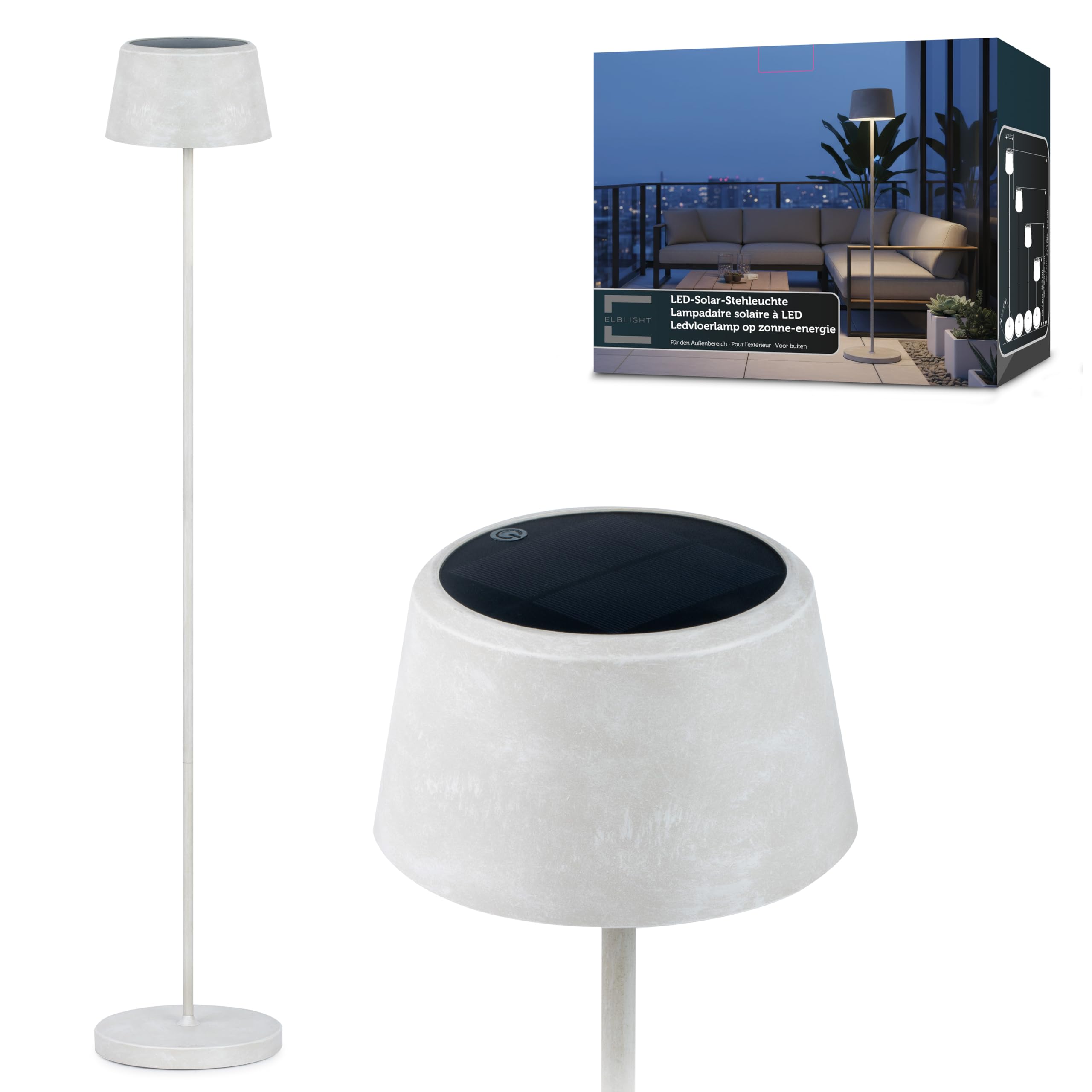 Northpoint ELBLIGHT.de LED Solar Stehleuchte Outdoor dimmbar mit Dämmerungssensor USB-C Gartenleuchte warmweiß 3000K IP44 wetterfest Außenleuchte Terrasse Balkon Steinoptik 122 cm