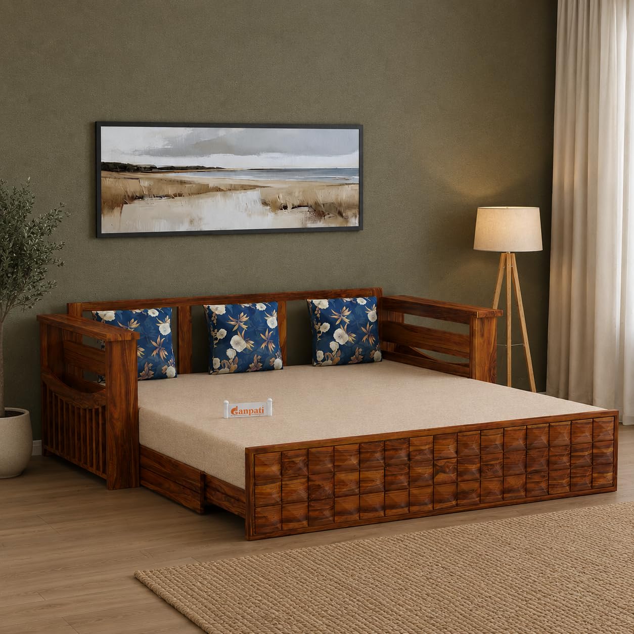 Ganpati Arts Solid Sheesham Wood 3 Seater Diamond Sofa Cum Bed with Side Pocket for Living Room Bedroom Wooden Bedroom Furniture for Home 1 Year Warranty (Natural Finish)