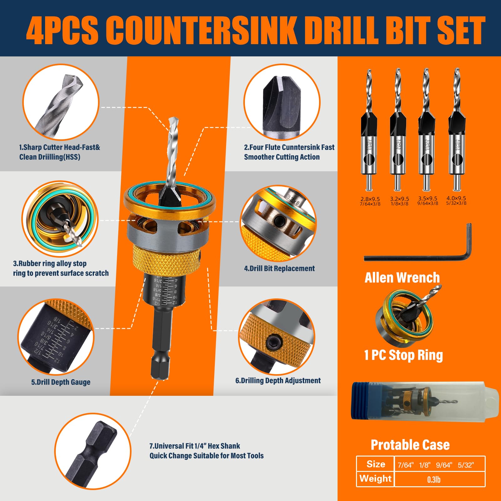 Countersink Drill Bit Set - 4PCS with Depth Stop -2 Countersink Drill Bit Set - 4PCS with Depth Stop -2