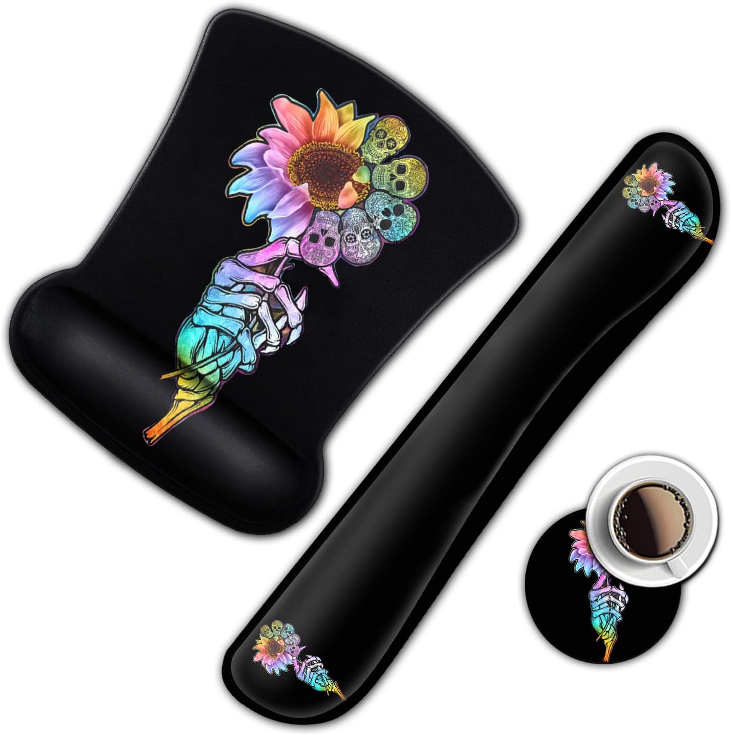 Ergonomic Mouse Pad and Keyboard Wrist Rest Set - Memory Foam Support, Non-Slip PU Base, Skulls & Sunflowers Black Gaming Design