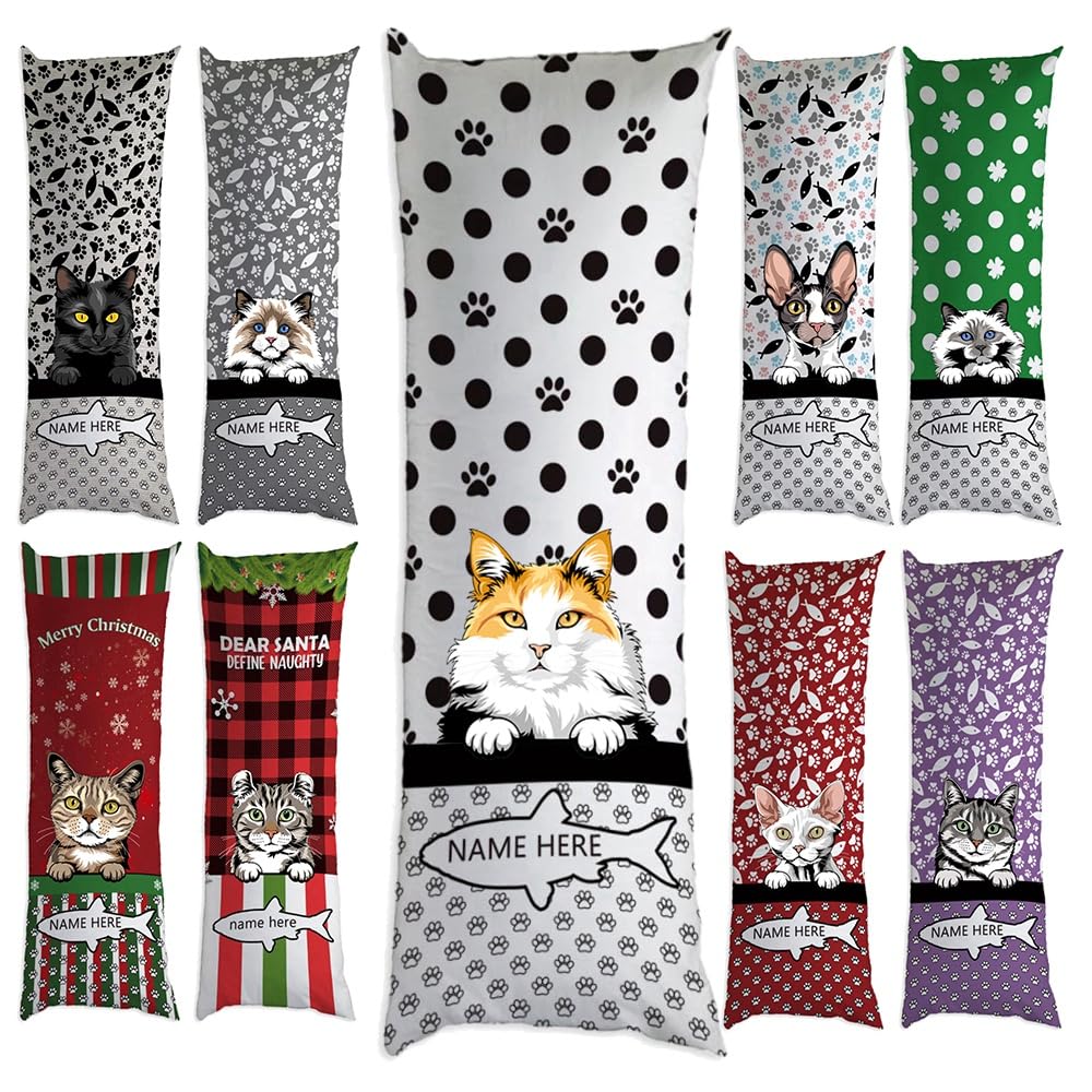 GUGLILI Personalized Funny Cat Body Pillow Cover Case Fish Kittens Paw Print Custom Pet Name Long Pillowcase for Christmas Decoration Protector with