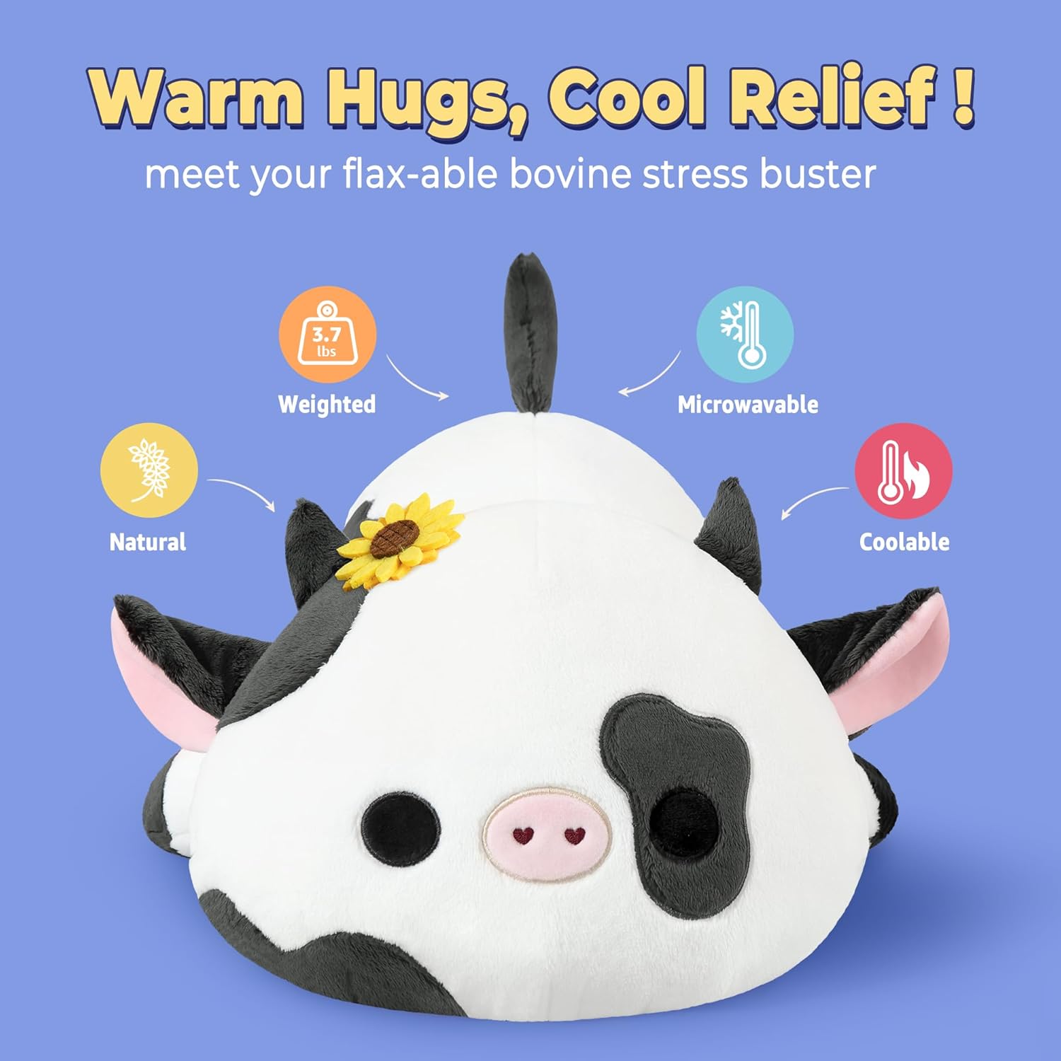 Onsoyours Original Weighted & Heatable Sunflower Cow Stuffed Animals, 3.7 lbs Microwavable Plushies for Stress Relief - 20 inch Large Comfort Soft Plush Toys for Kids & Adults
