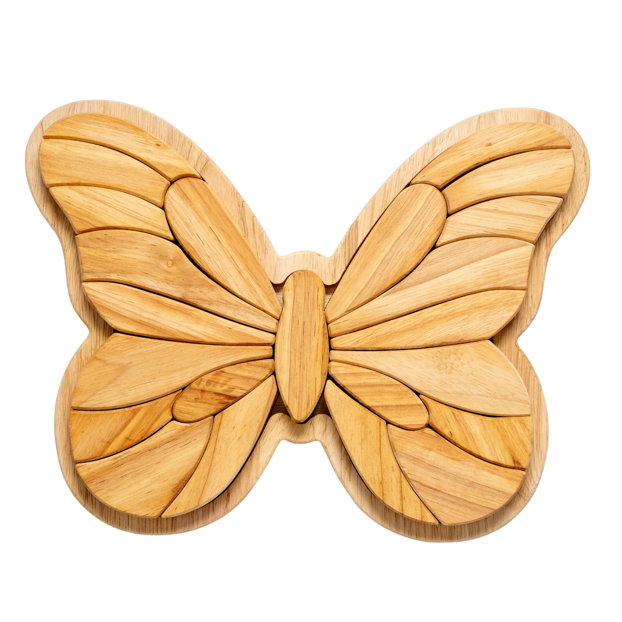 Drewniane puzzle Montessori Motyl 23 sztuki + taca - Puzzle dla dzieci 2+ lata | Zabawka edukacyjna w kształcie motyla | Dobra motoryka i koncentracja | Naturalne drewno kauczukowe