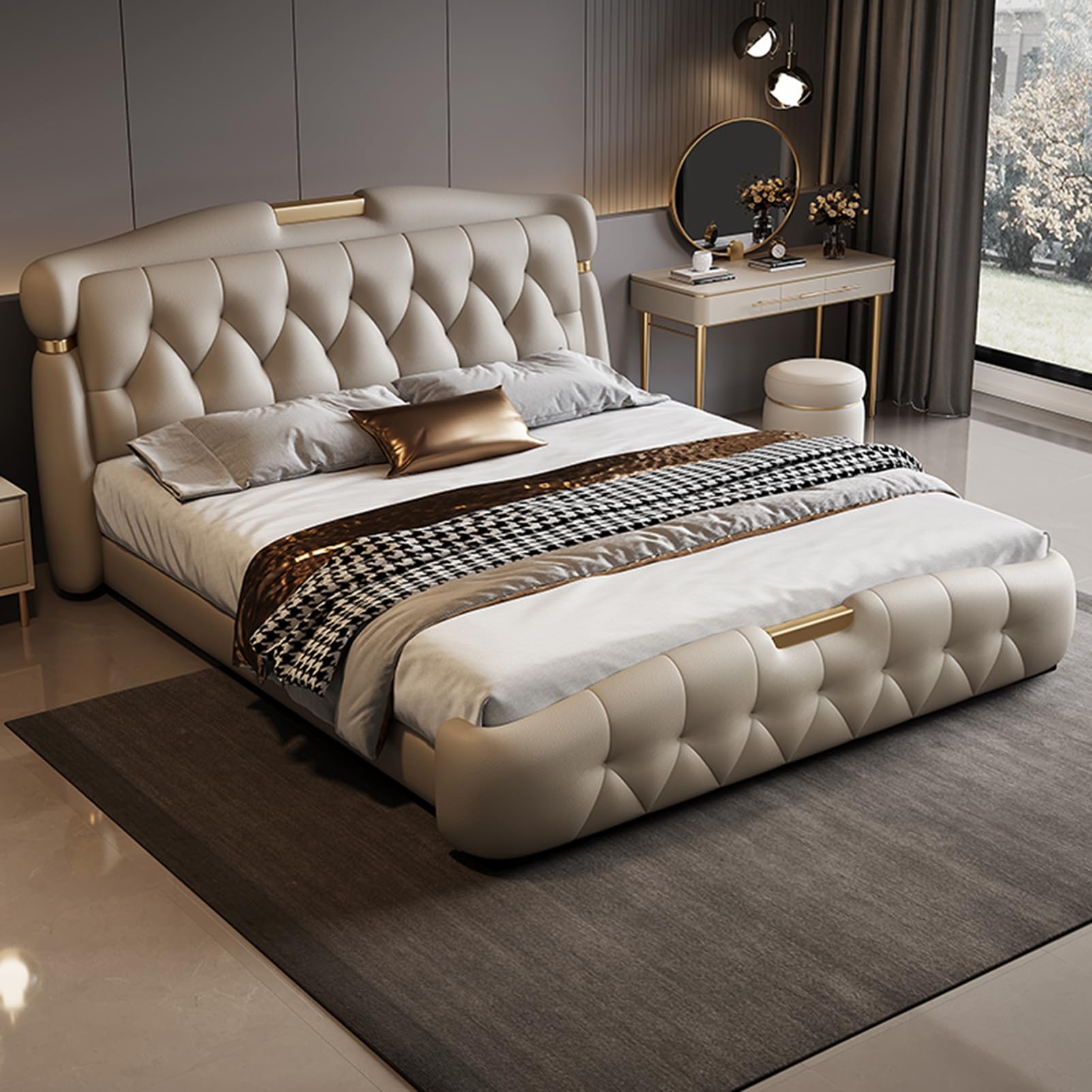 King Size Luxury Genuine Leather Wood Bed Upholstered Platform Bed Frame with Headboard and Lift Up Storage Strong
