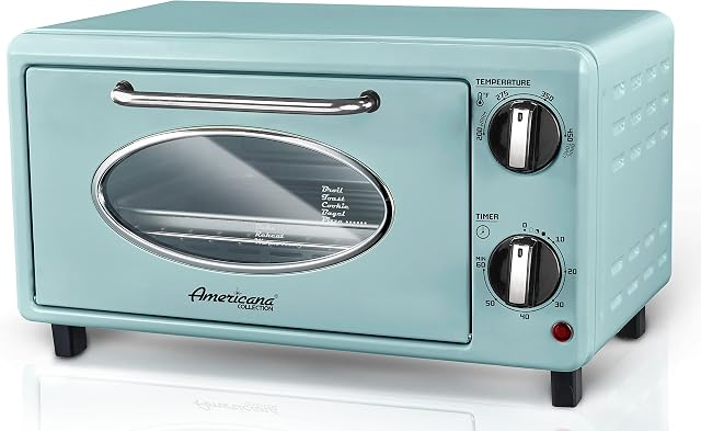 Elite Gourmet par Collection Maximatic Americana ETO147M Diner 50's Retro Countertop Grille-pain, Cuire, Toast, Convient 8” Pizza, contrôle de température & AdjCatable 60-Minute Minuterie 1000W, 2 Tranche, menthe