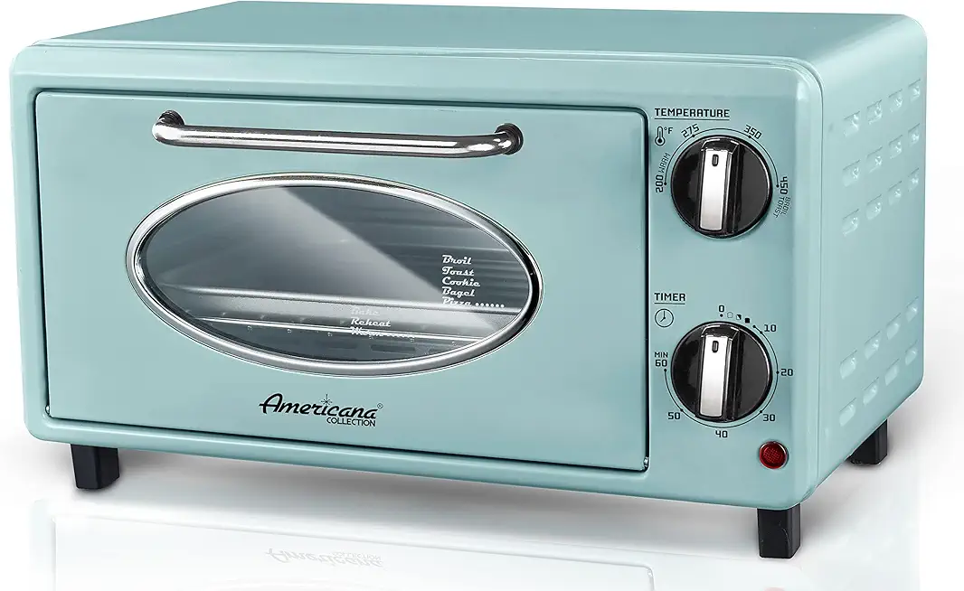 Elite Gourmet by Maximatic Americana Collection ETO147M Diner 50’s Retro Countertop Toaster oven, Bake, Toast, Fits 8” Pizza, Temperature Control & Adjustable 60-Minute Timer 1000W, 2 Slice, Mint