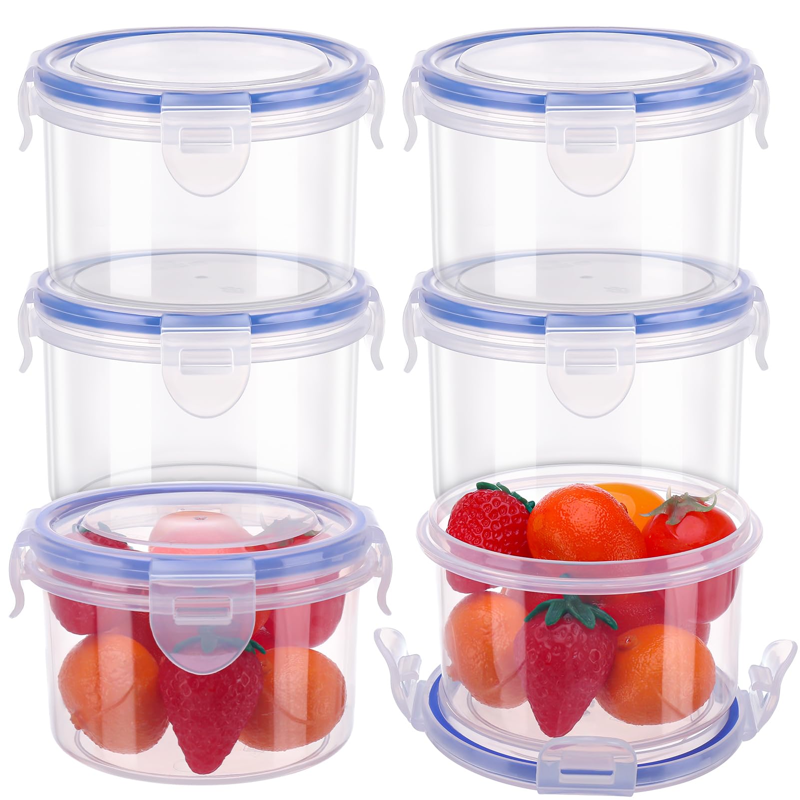 6 Pack Food Containers with Lids, Reusable Snack Pots Airtight Plastic Food Storage Container Round Leakproof Stackable Container Set Storage Pots with Clip-Lock Lid for Friut, Yoghurt, Snack(300ml)