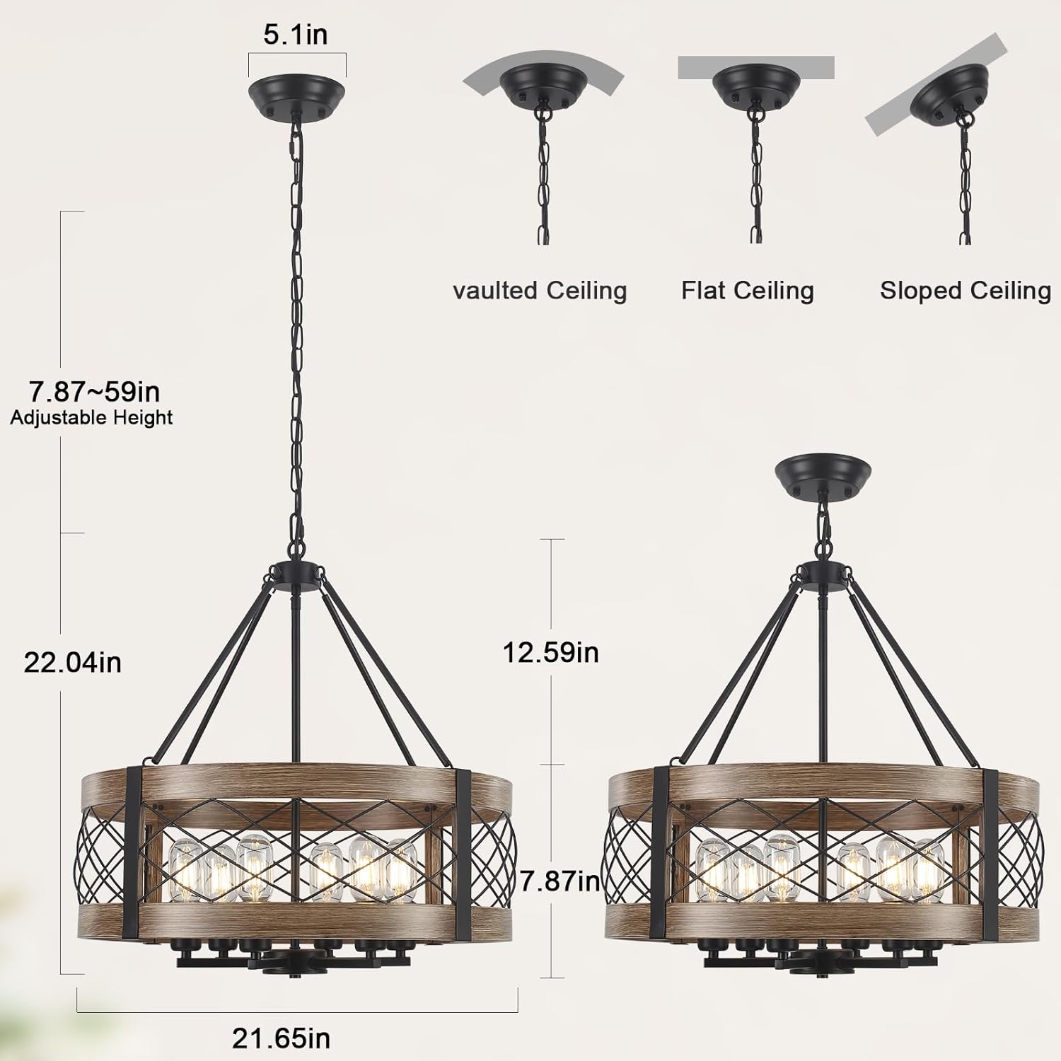 21.65" Farmhouse Chandelier for Dining Room, 6-Light Rustic Chandelier Drum Hanging Ceiling Light Fixture for Kitchen Island Entryway Foyer Bedroom Hallway Living Room