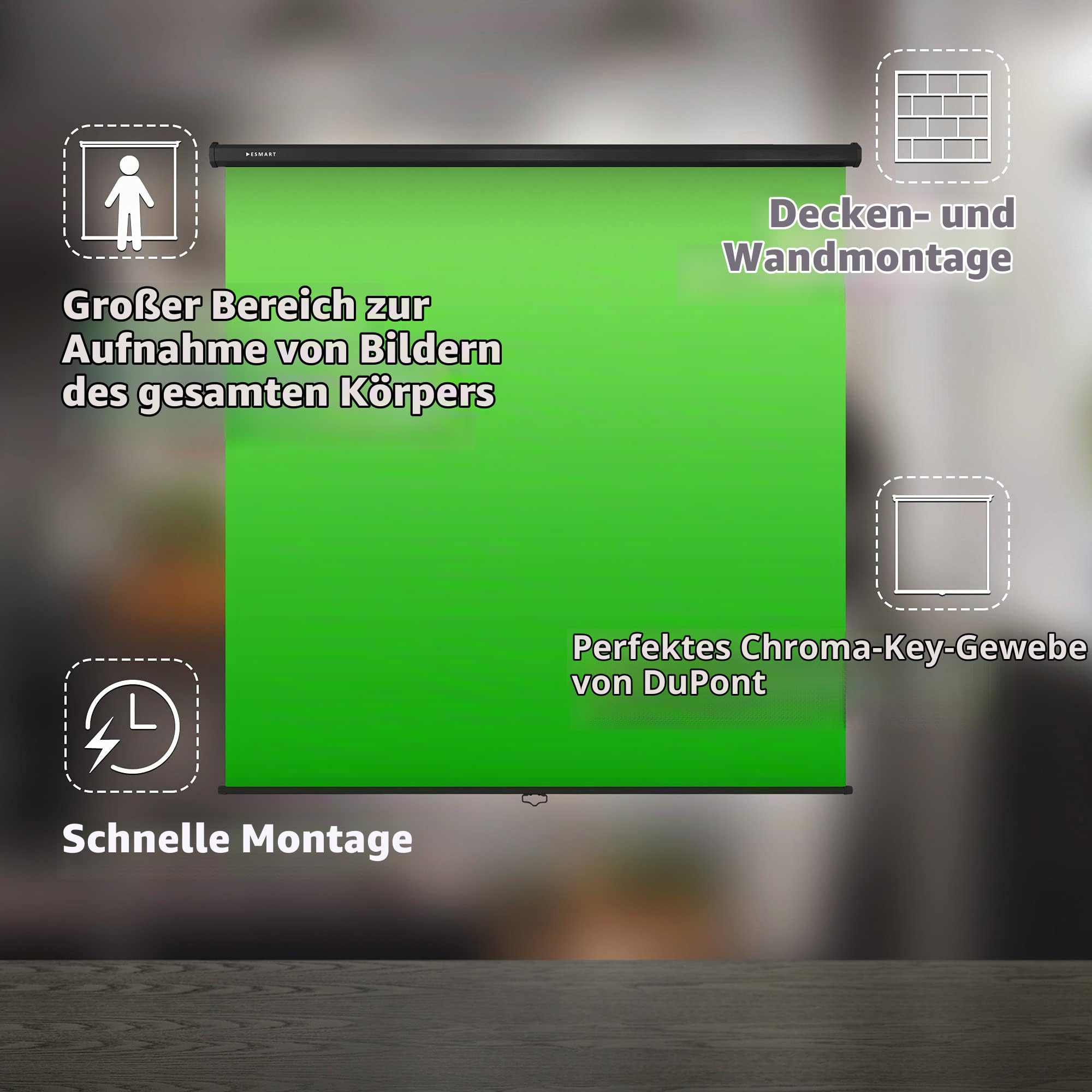 ESMART Rollo Greenscreen (200 x 200 cm 1:1) Tuch: grün | Chroma-Key-Hintergrund, Platz sparendes Rollo-System, Wand- & Deckenmontage, ideal für Fotografie & Virtual Studio