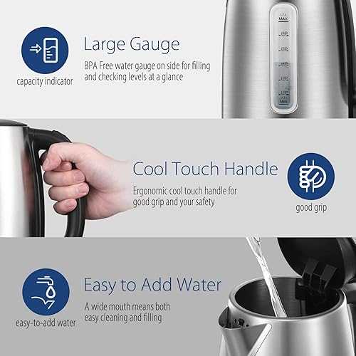 Vista 5 de COMFEE' Hervidor eléctrico de acero inoxidable, hervidor de té eléctrico y caliente de 1.7 litros, hervidor de agua caliente y hervido rápido