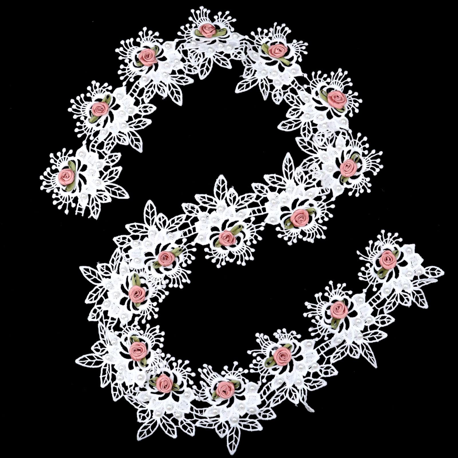 Cinta de encaje con cuentas de perlas de flores, apliques florales, cinta de encaje bordada para coser, vestido de novia, decoración de ropa 4