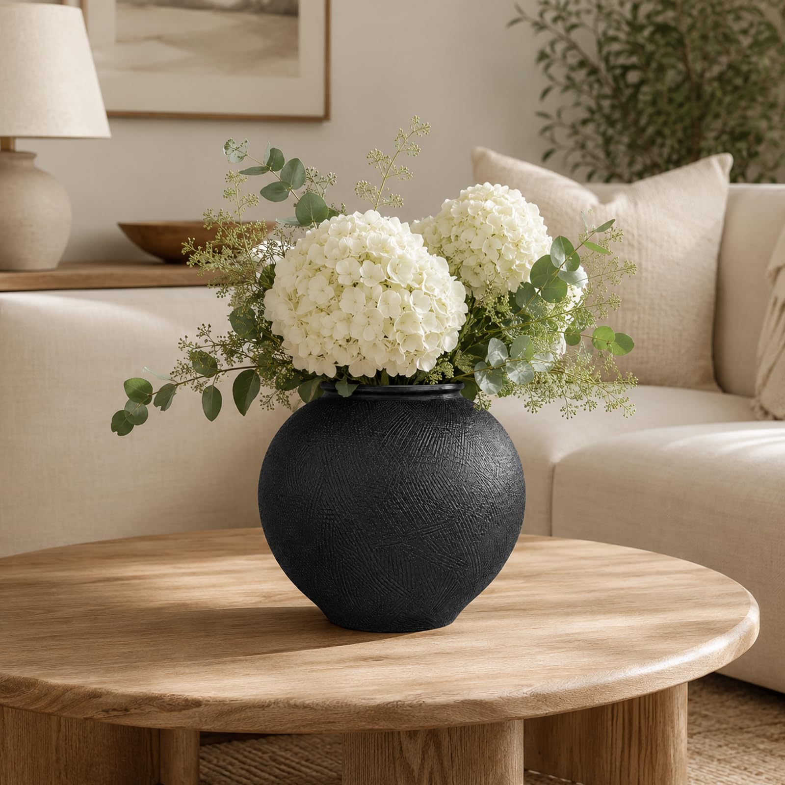 Rustikale Keramikvase, Bauernhaus, minimalistisch, hohe Blumenvase für Tisch, Wohnzimmer, Heimdekoration, Badezimmer, Urlaub, Hochzeit, 1 Stück, Sandsteinschwarz (Schwarz, 23,1 cm)