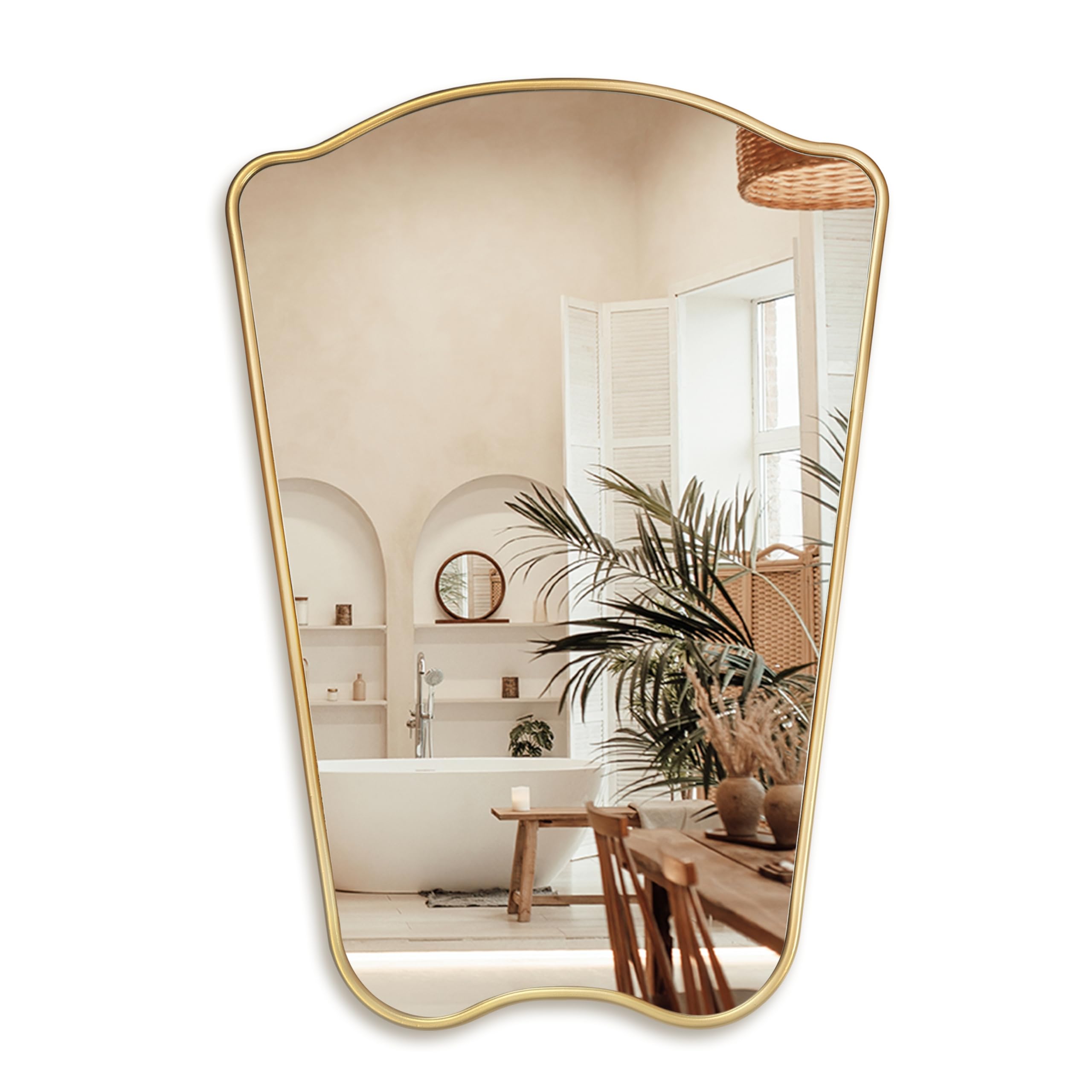 PERFNIQUE Espejo de pared irregular dorado para baño, espejo de pared irregular de 32 x 23 pulgadas, espejo decorativo vintage, espejo de tocador moderno para baño, sala de estar, entrada, decoración