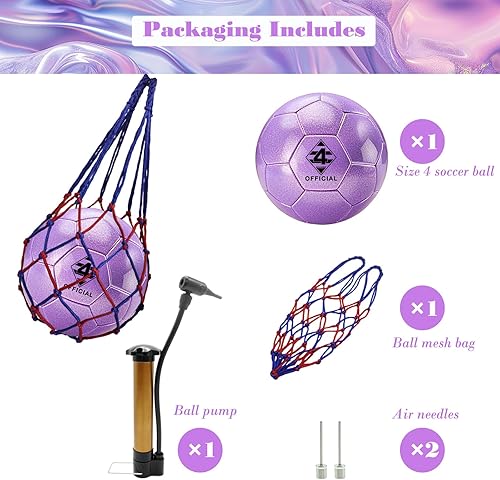 Miniatura 4 de Balón de fútbol rosa morado con purpurina, tamaño 3, 4, 5 con bomba y bolsa de agujamalla, kit de pelota de fútbol de poliuretano Sofu para
