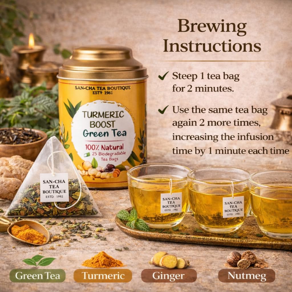 Sancha Tea Boutique Turmeric Boost Green Tea | Turmeric Ginger Green Tea with Nutmeg | 25 Biodegradable Pyramid Bags — Amazon image 6
