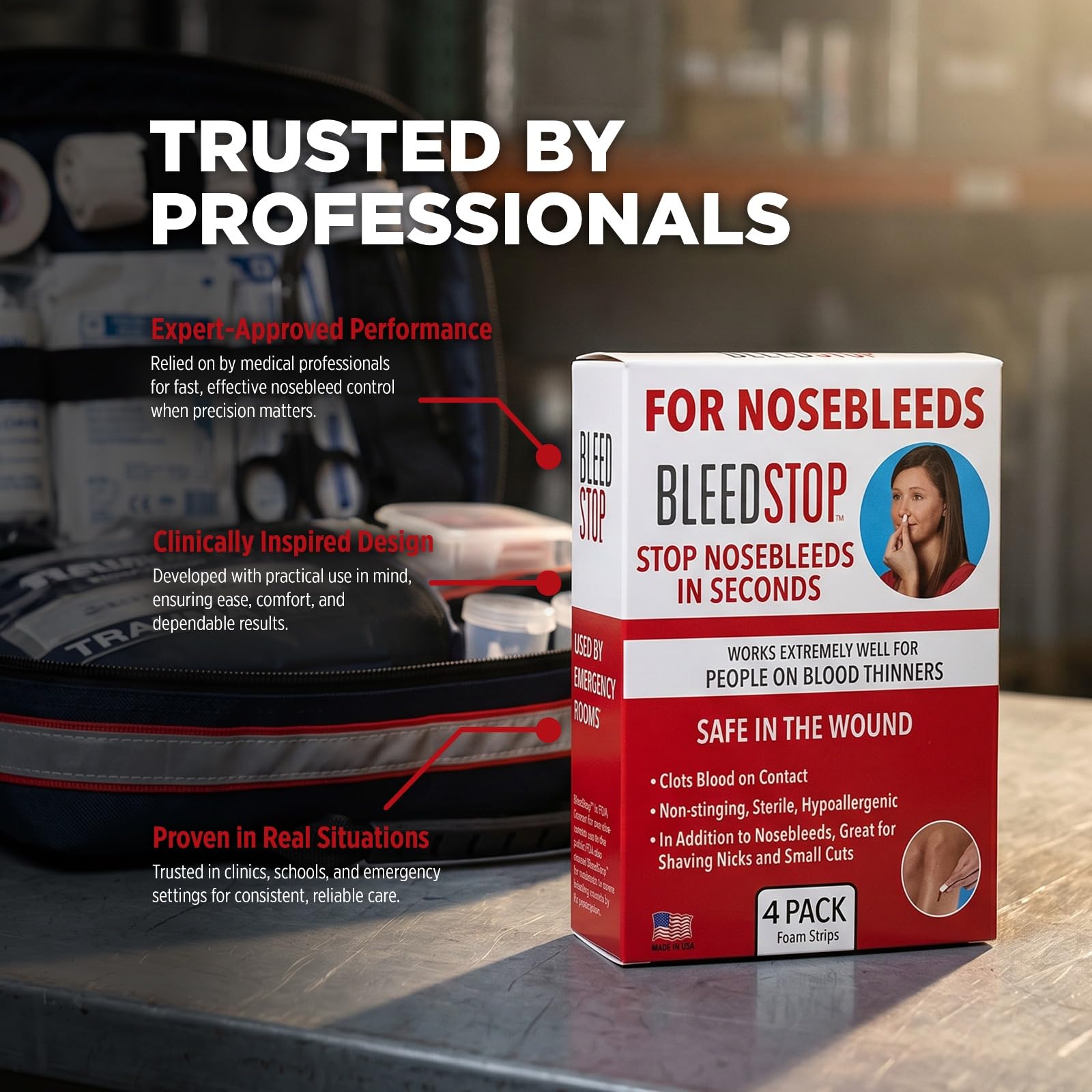 BleedStop Tiras nasales – Insertos de espuma coagulante de sangre de acción rápida – Ayuda a coagular la sangre al contacto – Estéril no pica, hipoalergénico para hemorragias nasales leves a pesadas