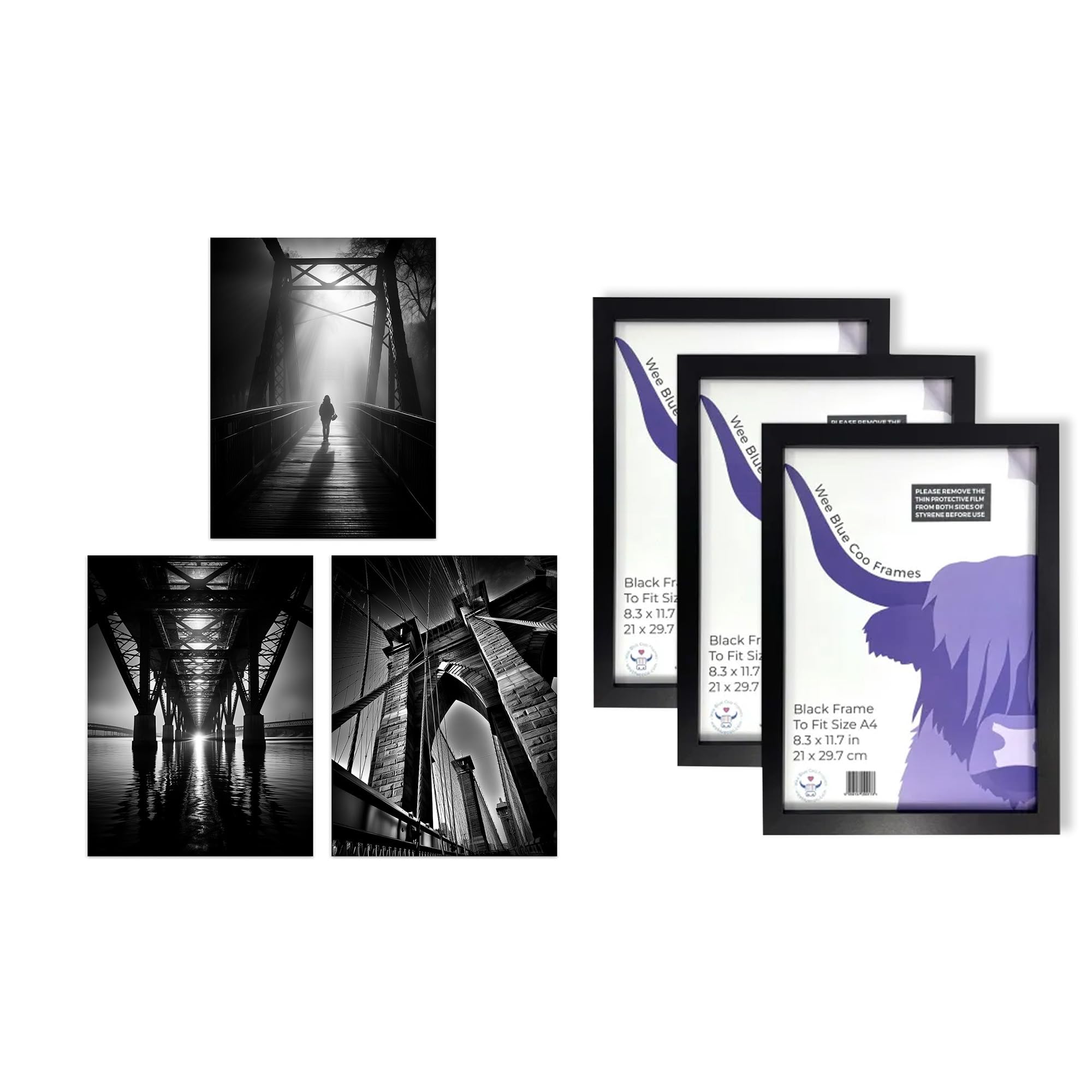 Artery8 Black and White Bridges Wall Art - Set of 3 A4 Sized Art with Black Frames - Atmospheric Photographs in Different Angles