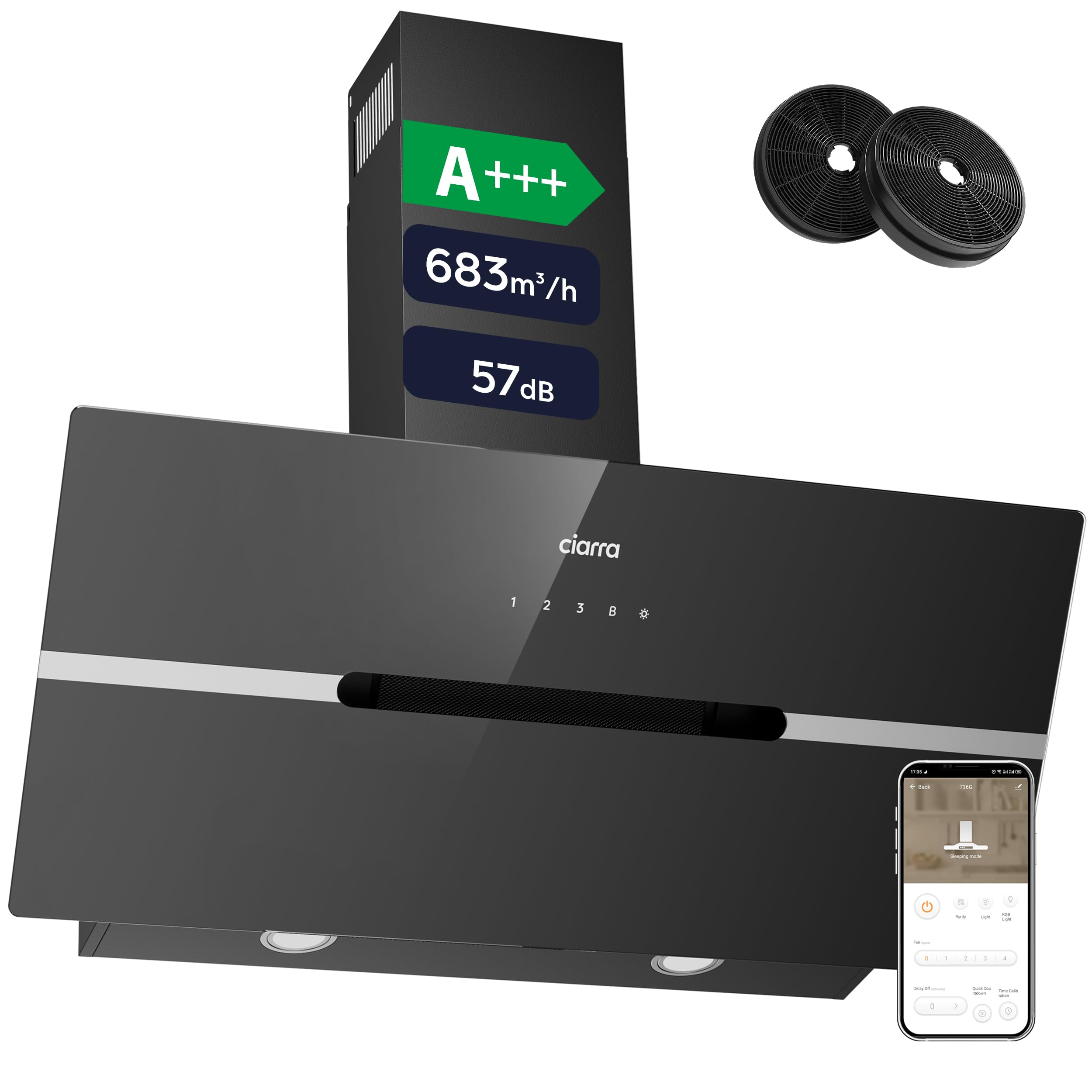 CIARRA CBCB9736F A+++ Dunstabzugshaube 90 cm Schwarz Matt Glas 683m³/h 57dB | automatisch Glasplatte, Wi-Fi App SensorTouch Kopffreie Schräghaube für Familienküchen 4 Stufen Booster CBCF003 Kohlefilter