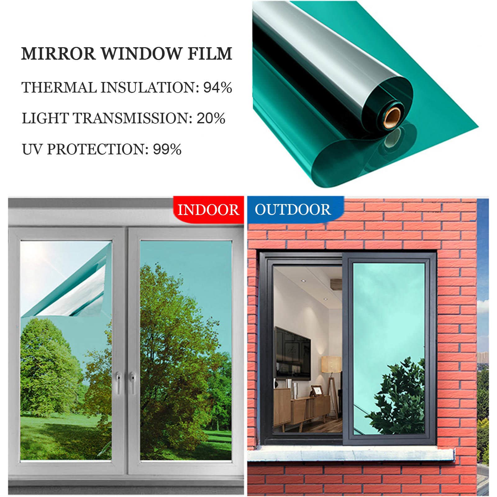 Fensterfolie Spiegelfolie Sichtschutz, Reflektierende Fensterfolie Blickdicht, Selbstklebend Fensterfolie, Anti-uv Fenstertönungsfolie, Sonnenschutzfolie,WxH-100x300cm(39 * 118in)