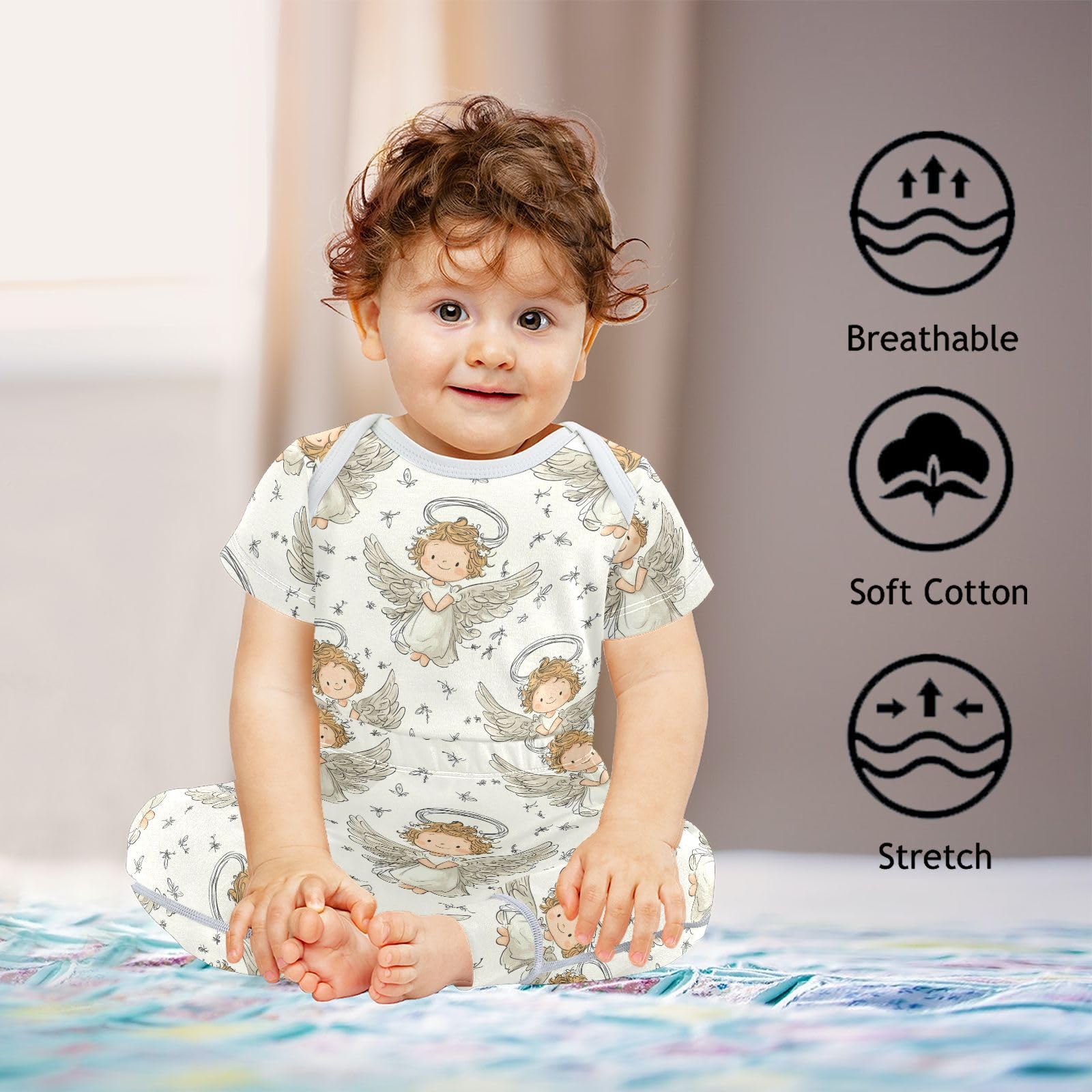 vvfelixl Unisex Short Sleeve Baby Pants Sets,Cartoon Little Angel with Halo Baby Bodysuits Set,Babys Layette Sets Clothes for 18-24M