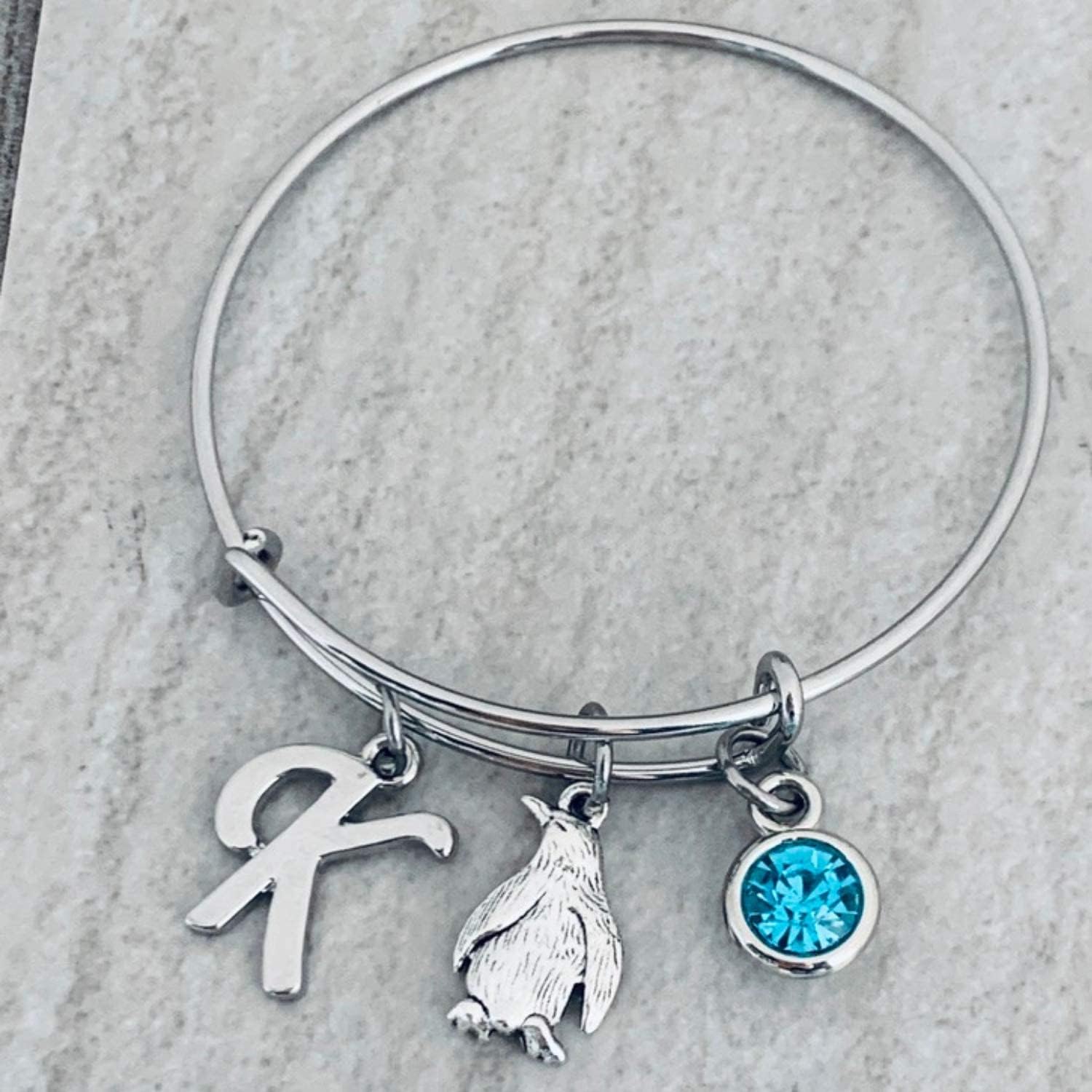 Personalized Penguin Charm Bangle Bracelet with Birthstone and Initial Charm, Penguin Jewelry Gifts for Women, Teens and Girls - Image 2