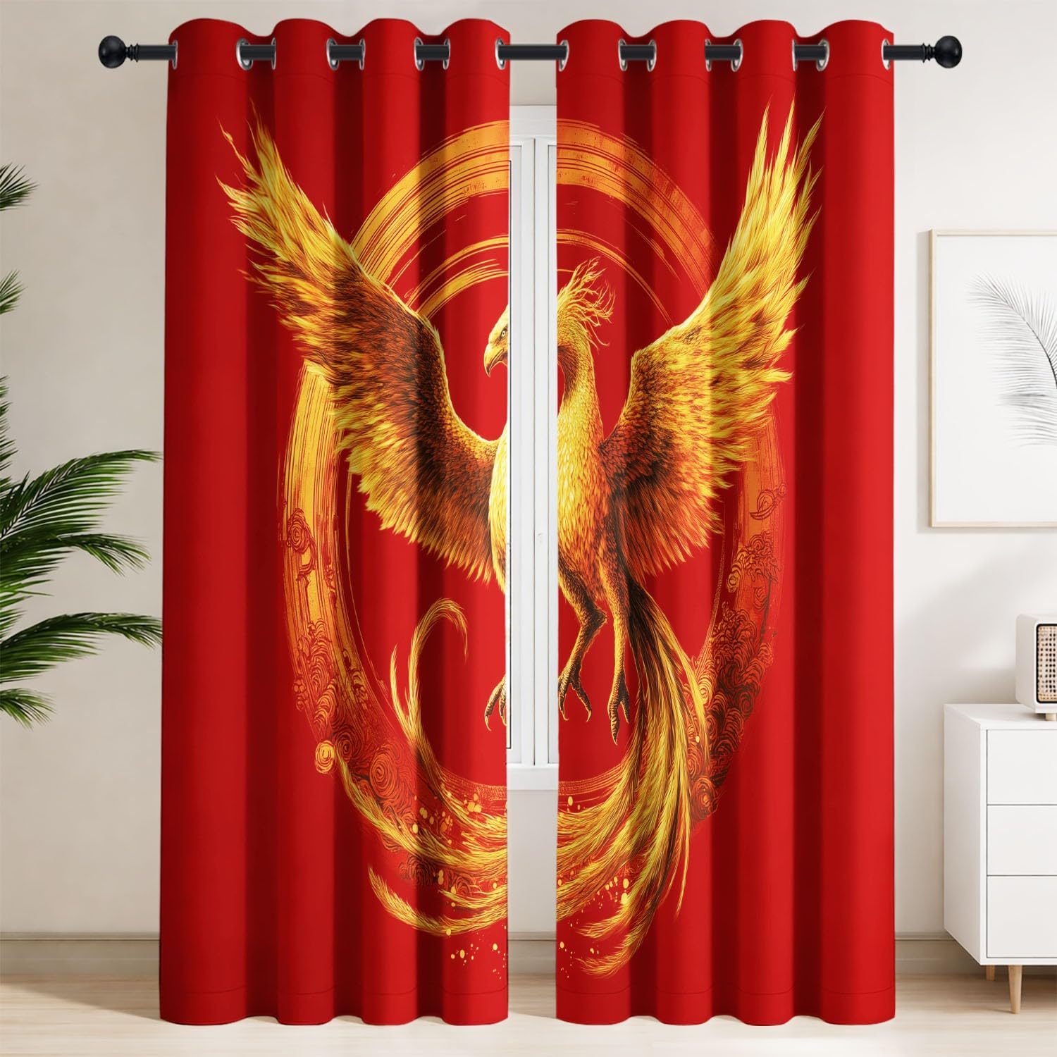 Générique Rideau Occultant Classique Festif Lot de 2 L 140 x H 220 cm Phénix Doré Nuages Cercle Rideaux Imprimés en Polyester à Oeillets Isolant Thermique Anti Froid pour Salon et Chambre d'enfant