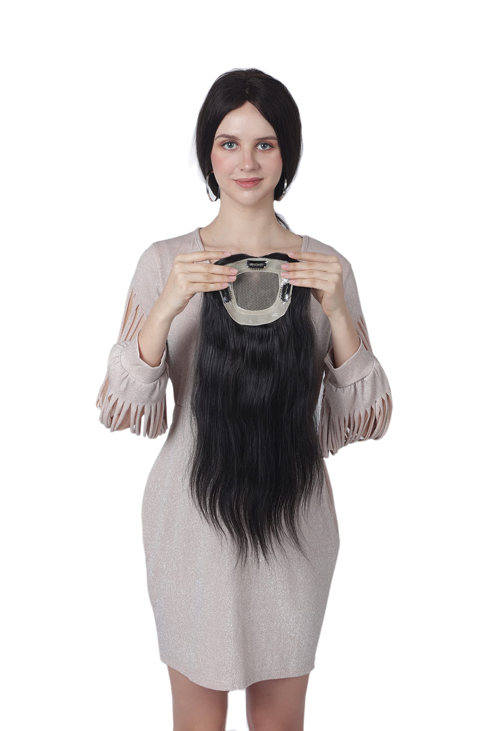 Ritzkart (4x4) Size Natural Black Double Knots Straight Hair Natural remi Human Hair with Mono Silk Base Hand Made Clip In Crown Small Area Topper For Women (14 inch)-image-25