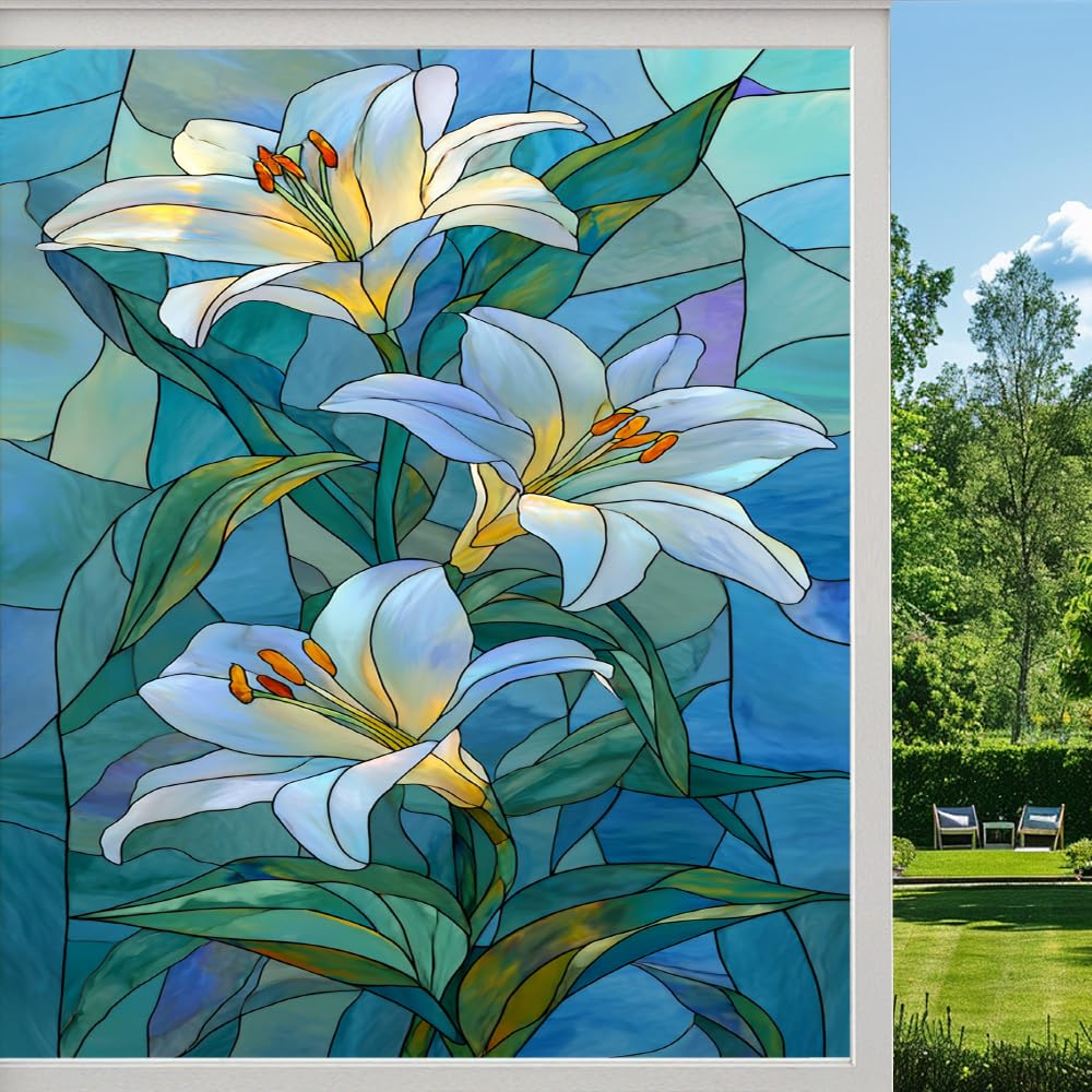 Pmlbaous Rural Lily Stained Glass Window Film, Abstract Flower Plant Peel And Stick Privacy Film, Frosted Adhesive Vinyl Decorative For Bathroom Windows Glass Doors, （45X60cm）