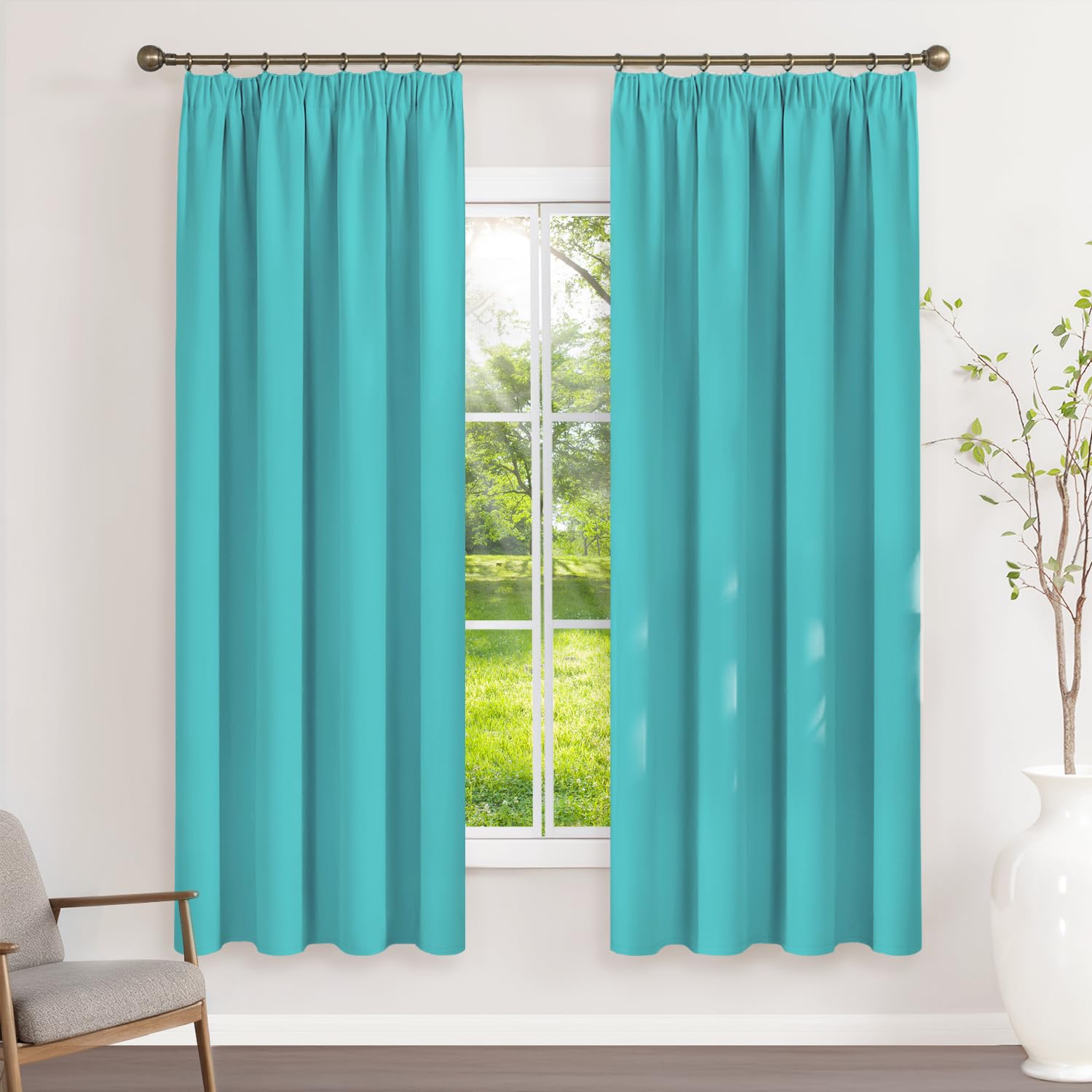 Runyéla Pencil Pleat Blackout Curtains for Bedroom Thermal Curtain 52 x 63 Inch Drop Living Room Kitchen 2 Panels Turquoise
