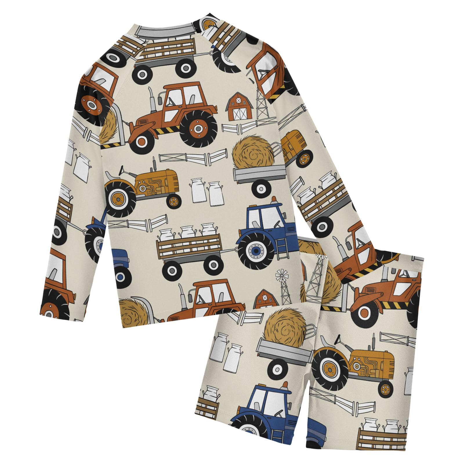Aflyko Kids' Bathing Suit Set Farm Tractor Long Sleeve Swim Tops with Shorts Summer Vacation Pool Party Rashguard Fun Cute Toddler Infant Beachwear, 4T Multicoloured