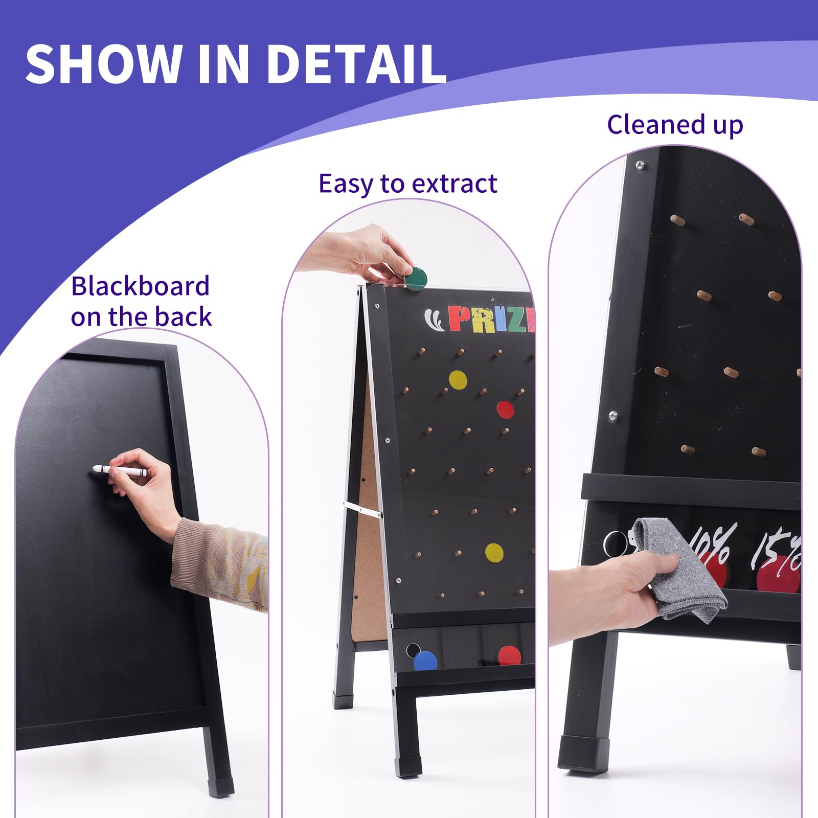 Tablero de juego Prize Drop, 15.7 x 27.5 pulgadas, diseño plegable de doble cara con letrero de pizarra de madera con marco en A para familia, carnaval, feria comercial y fiesta, incluye 10 discos de