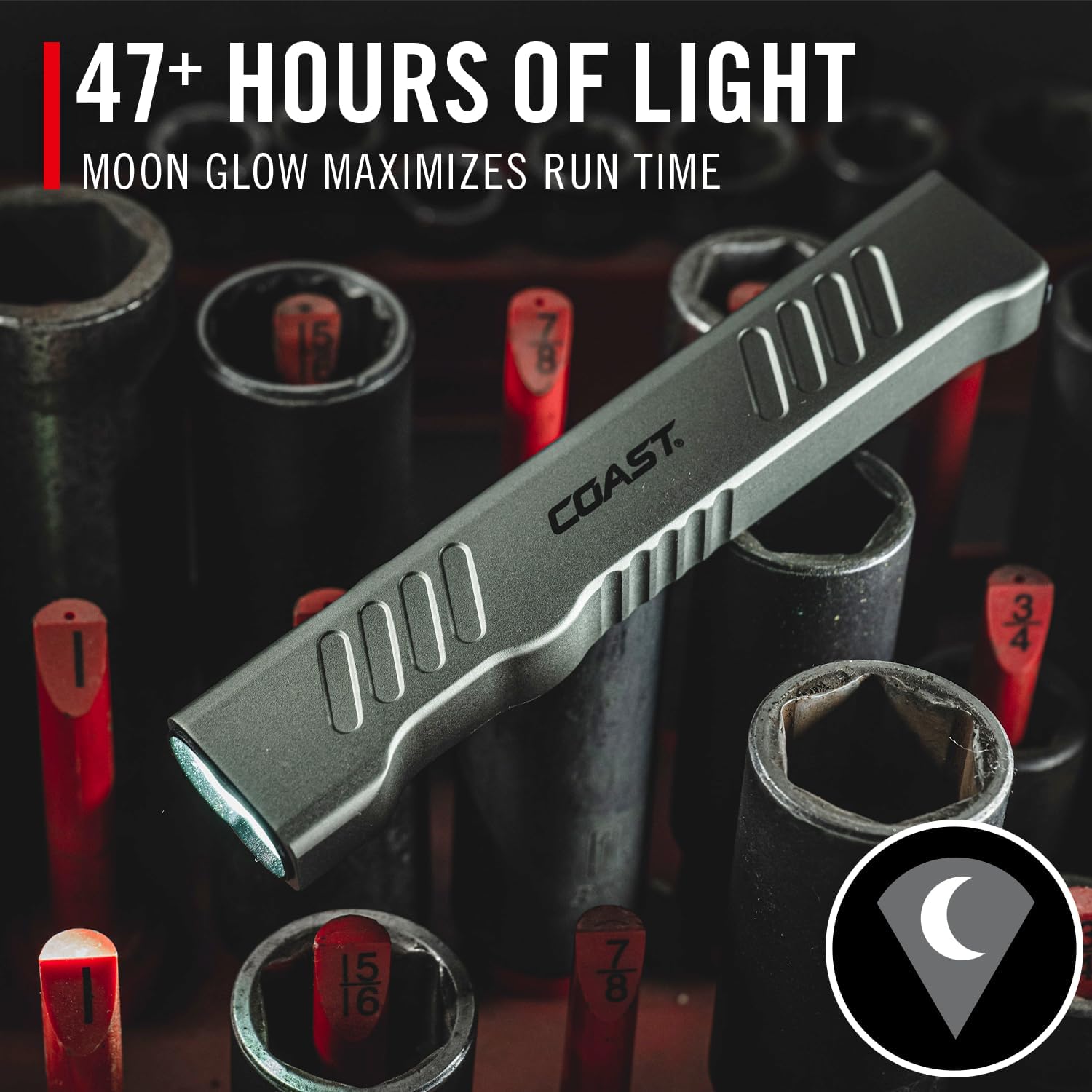 Coast Slayer Laser Flashlight product specifications table showing lumens, distance, and runtime for different modes