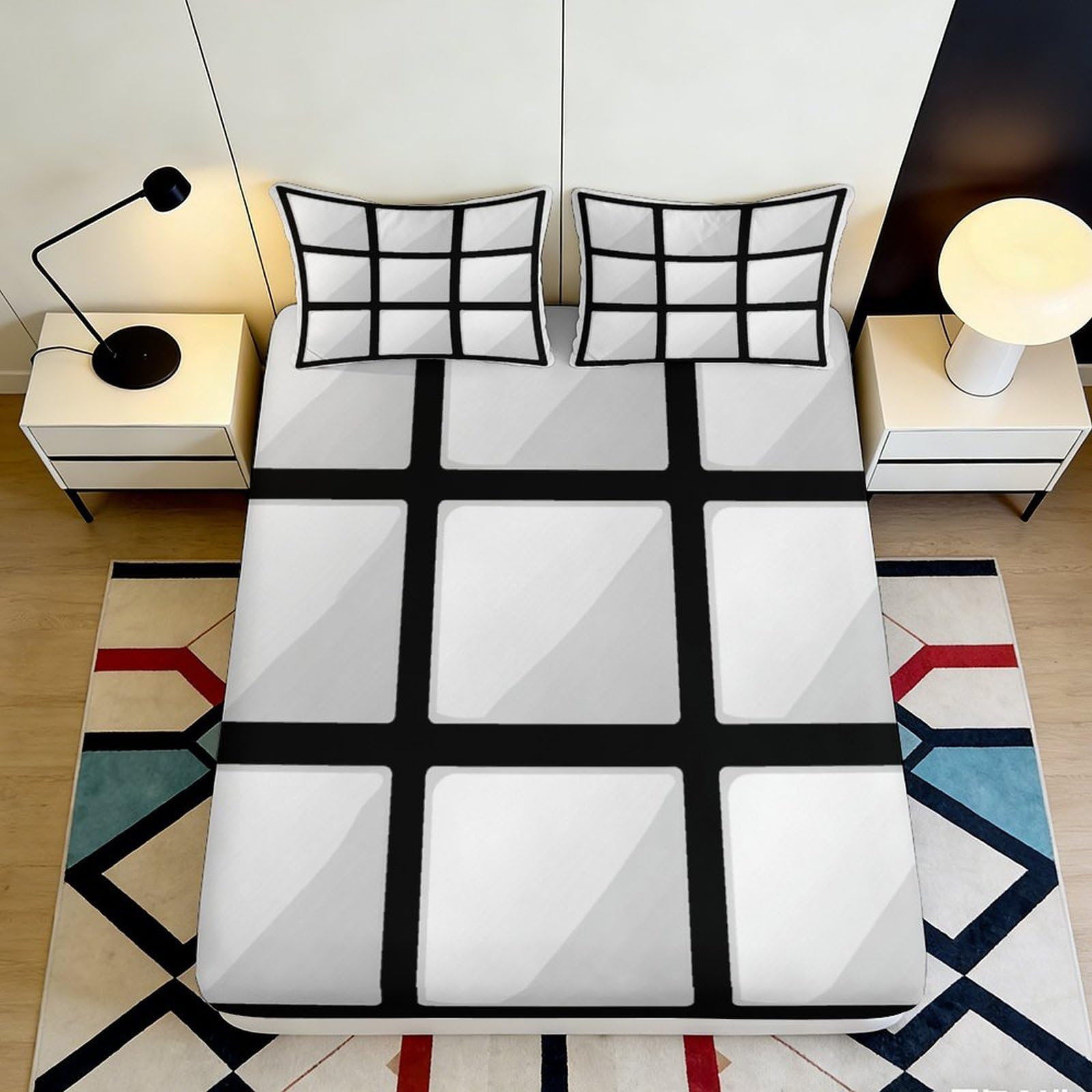 Jqzkxnhpbr Style-8 3D Printed Geometric Grid Fitted Sheet Microfiber Soft Modern Block Pattern Bed Cover For Bedroom Guestroom Dorm Mattress Protection 90X200x25cm